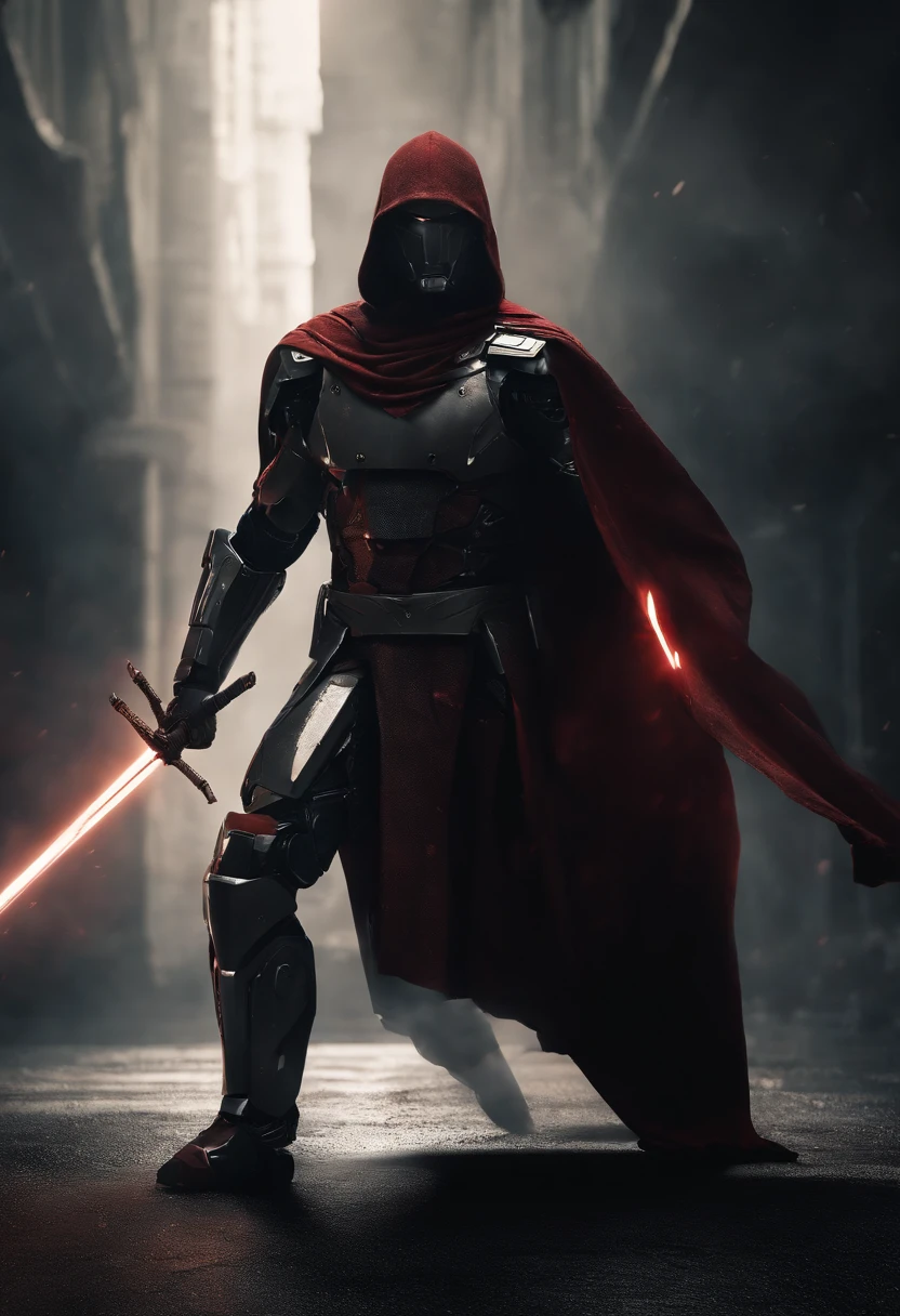 Craft an intense portrayal of a feared AI robot renowned for its agility and mastery of Jujitsu. Visualize the robot wearing a torn, dirty, and old hooded cape, adding an ominous layer to its menacing presence. Depict the robot wielding a laser katana with precision, the gleaming blade cutting through the darkness. Capture the essence of fear through dynamic poses, emphasizing the lethal combination of advanced technology and martial prowess. The torn cape should billow dynamically, conveying a sense of battle-worn resilience. This detailed prompt seeks to inspire an evocative representation of a formidable AI warrior, seamlessly blending agility, martial arts skill, and futuristic weaponry.