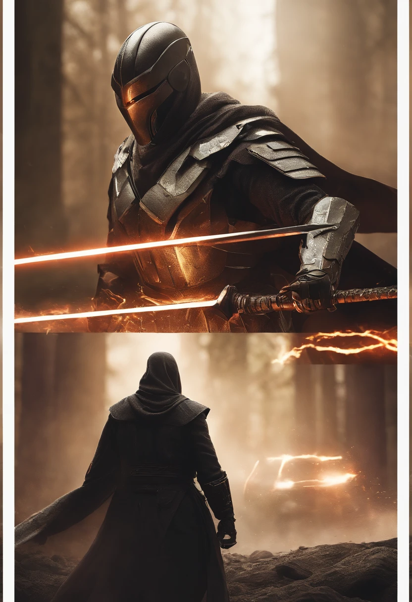 Craft an intense portrayal of a feared AI robot renowned for its agility and mastery of Jujitsu. Visualize the robot wearing a torn, dirty, and old hooded cape, adding an ominous layer to its menacing presence. Depict the robot wielding a laser katana with precision, the gleaming blade cutting through the darkness. Capture the essence of fear through dynamic poses, emphasizing the lethal combination of advanced technology and martial prowess. The torn cape should billow dynamically, conveying a sense of battle-worn resilience. This detailed prompt seeks to inspire an evocative representation of a formidable AI warrior, seamlessly blending agility, martial arts skill, and futuristic weaponry.