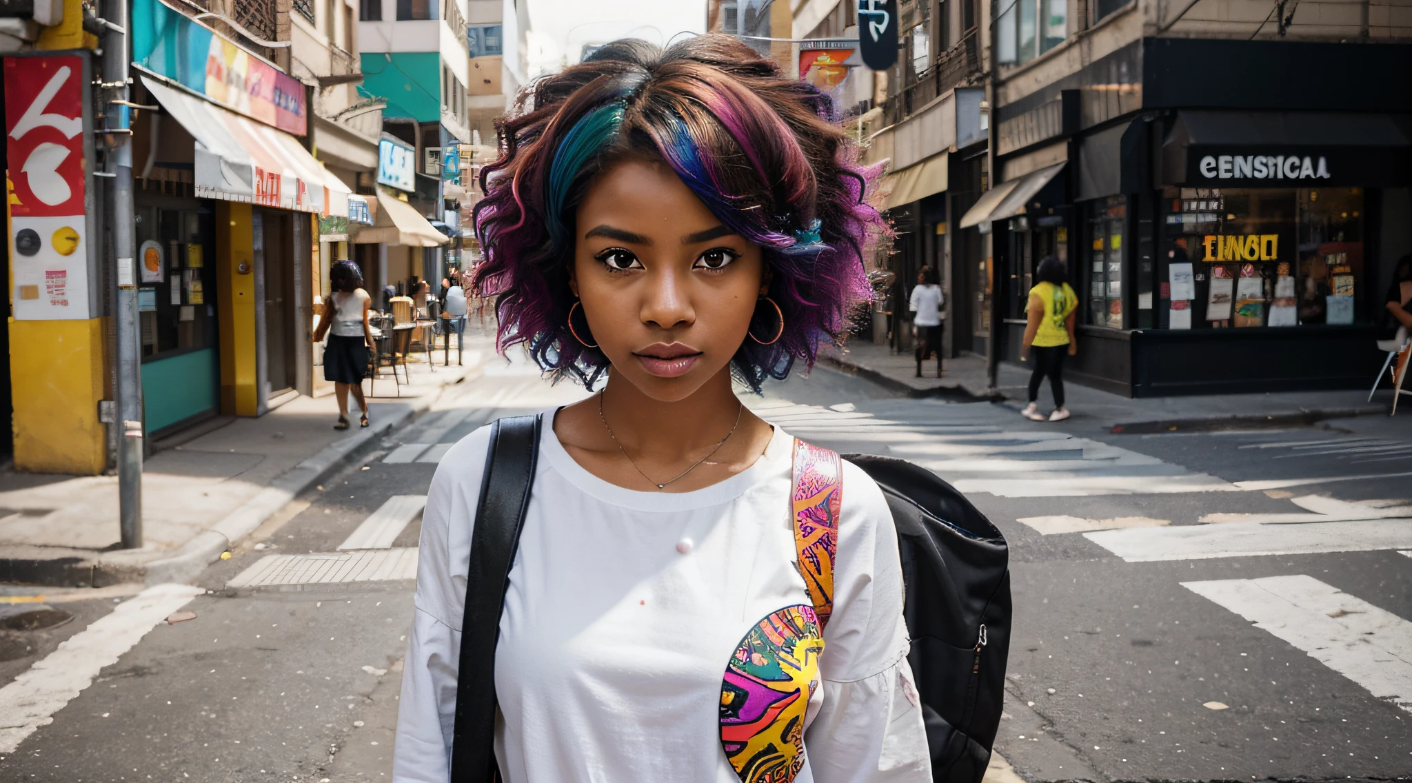 Generate an image of a young Afro-Brazilian girl with vibrant, colored hair. Feature her in a white shirt adorned with abstract prints. Place her in a realistic urban environment with cinematic lighting and pronounced shadows, showcasing the dynamic atmosphere of a bustling city. Incorporate a piercing to add a touch of edginess to her appearance. Ensure the hair colors are vivid and expressive, reflecting a modern and individualistic style. The overall composition should capture the essence of a confident and fashionable young woman navigating the vibrant and diverse streets of a big city