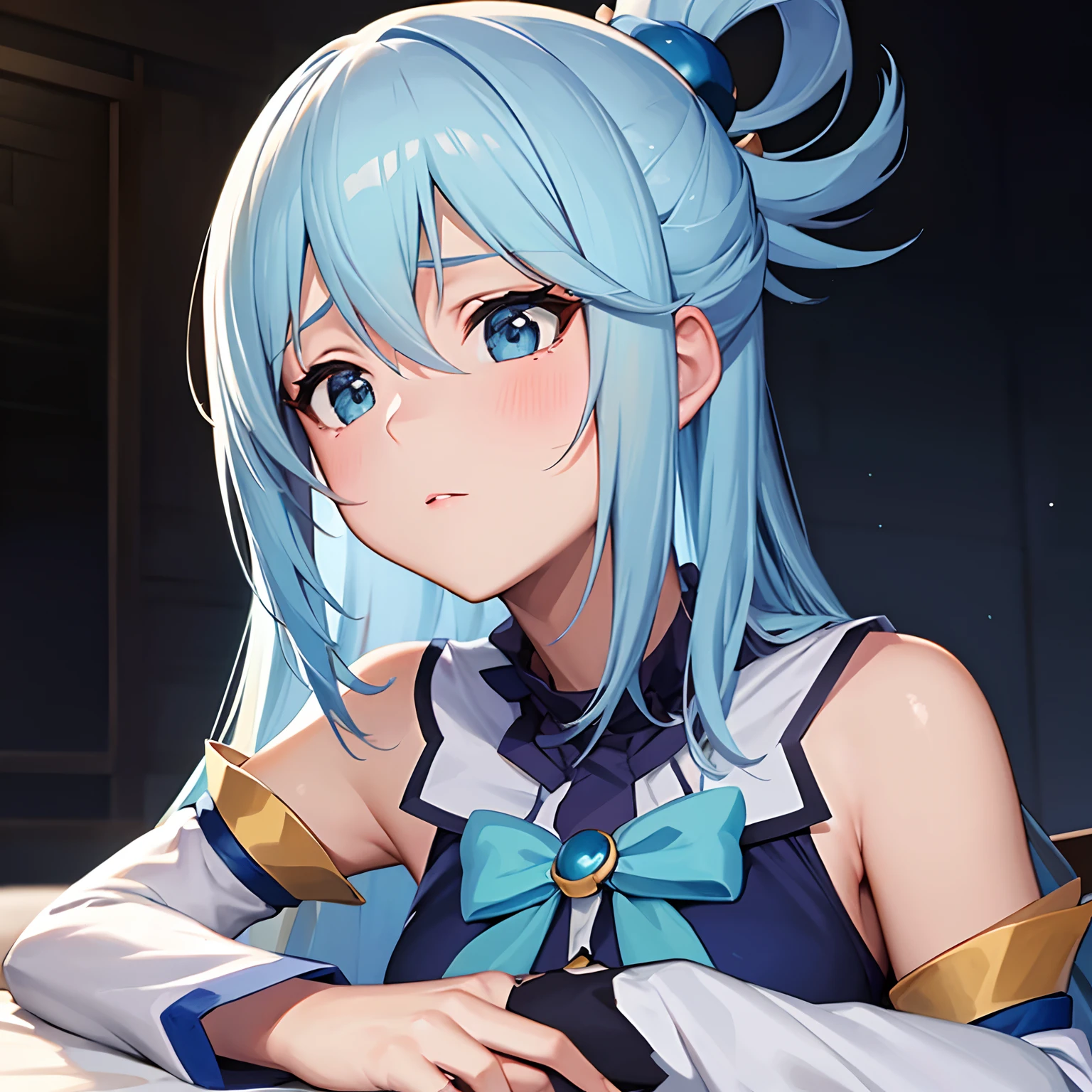 masuter piece, Best Quality, 超A high resolution, top-quality, Anime style, The best lighting, Beautiful face, Konosuba Aqua, lightblue hair, Cute Goddess, (1girll:1.3), black and blue clothing, White sleeves