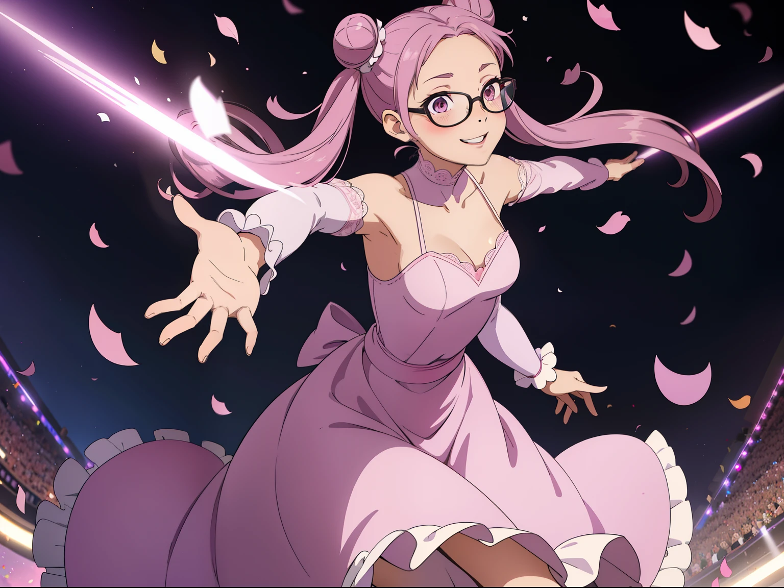 wide shoot, chiaroscuro, led lights, falling confetti, a girl with glasses, smile, wearing a dark purple haberdasher with cleavage and Mao neck, 1 young beautifull and tall girl with small eyes, teenage, purple clothes, (("Side buns" pink pigtails hair)), big lips, The girl is wearing a pink dress with a sweetheart neckline, a high neck with short slightly puffed sleeves with lace details at the edges. The dress has a long, flowing skirt that reaches the floor, with lace details at the bottom.