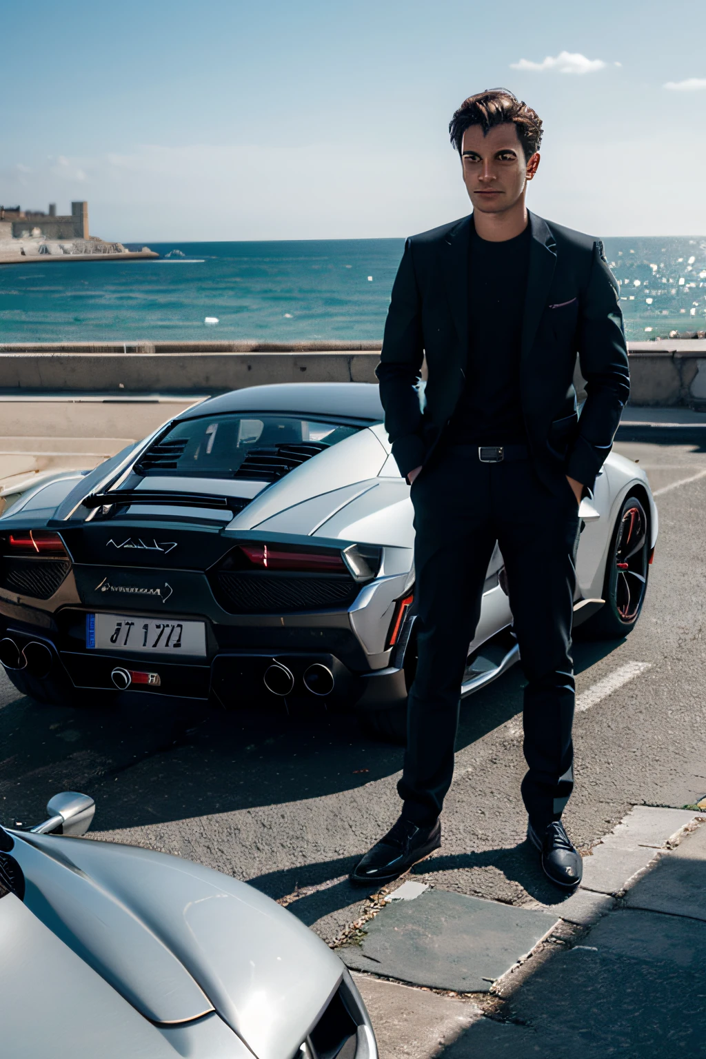 A man standing next to a silver sports car near the ocean - SeaArt AI