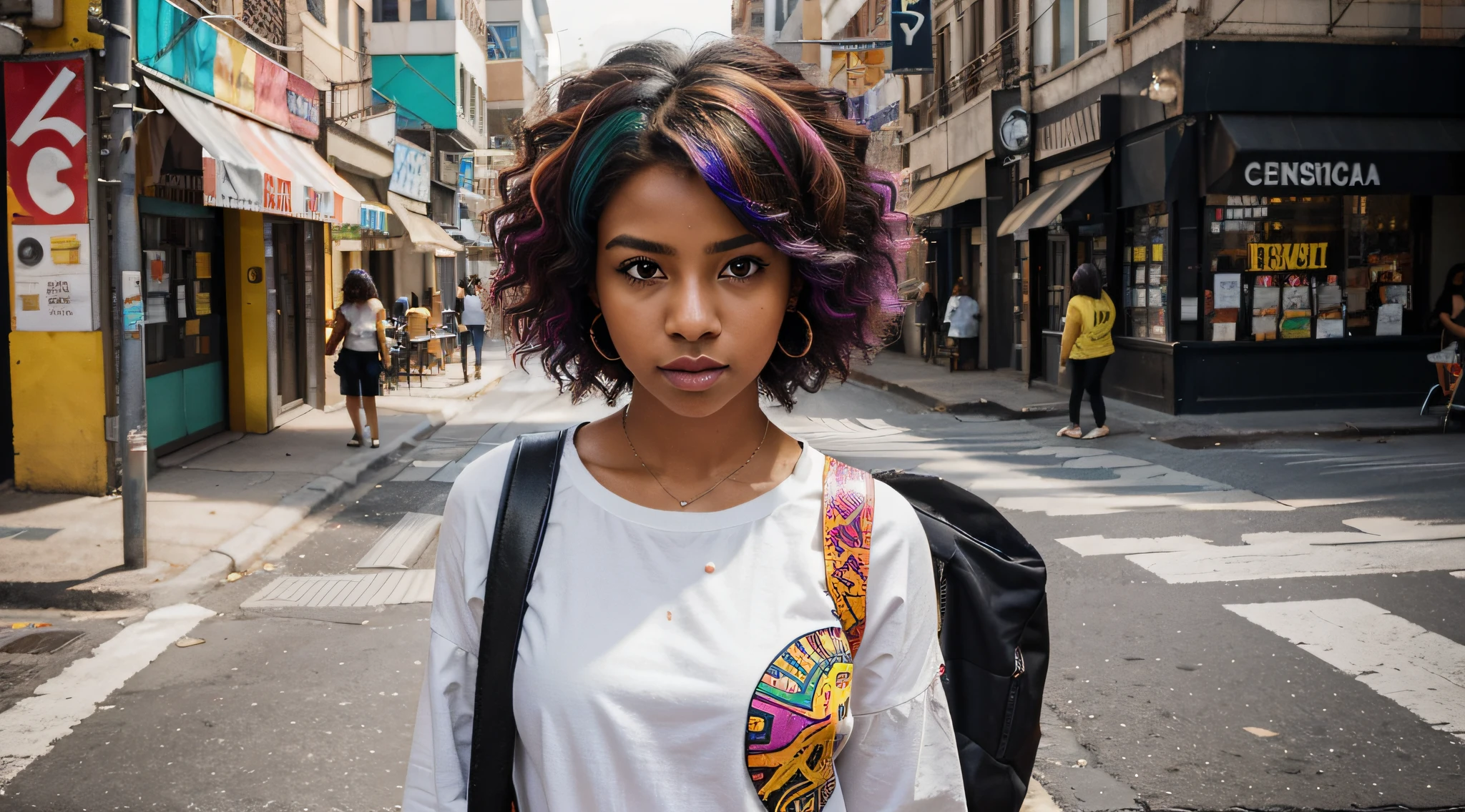 Gerar uma imagem de uma jovem afro-brasileira com vibrante, Cabelos Coloridos. Apresente-a em uma camisa branca adornada com estampas abstratas. Place it in a realistic urban environment with cinematic lighting and pronounced shadows, showcasing the dynamic atmosphere of a bustling city. Incorporate a piercing to add a touch of edginess to your look. Make sure your hair colors are vivid and expressive, refletindo um estilo moderno e individualista. The overall composition should capture the essence of a confident and elegant young woman navigating the vibrant and diverse streets of a major city