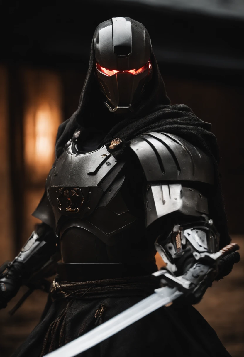 Craft an intense portrayal of a feared AI robot renowned for its agility and mastery of Jujitsu. Visualize the robot wearing a torn, dirty, and old hooded cape, adding an ominous layer to its menacing presence. Depict the robot wielding a laser katana with precision, the gleaming blade cutting through the darkness. Capture the essence of fear through dynamic poses, emphasizing the lethal combination of advanced technology and martial prowess. The torn cape should billow dynamically, conveying a sense of battle-worn resilience. This detailed prompt seeks to inspire an evocative representation of a formidable AI warrior, seamlessly blending agility, martial arts skill, and futuristic weaponry.