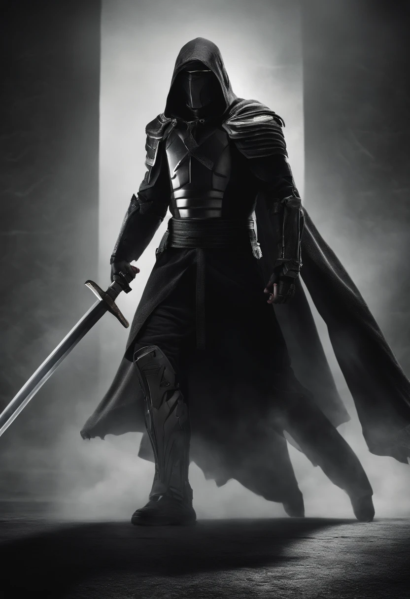 Craft an intense portrayal of a feared AI robot renowned for its agility and mastery of Jujitsu. Visualize the robot wearing a torn, dirty, and old hooded cape, adding an ominous layer to its menacing presence. Depict the robot wielding a laser katana with precision, the gleaming blade cutting through the darkness. Capture the essence of fear through dynamic poses, emphasizing the lethal combination of advanced technology and martial prowess. The torn cape should billow dynamically, conveying a sense of battle-worn resilience. This detailed prompt seeks to inspire an evocative representation of a formidable AI warrior, seamlessly blending agility, martial arts skill, and futuristic weaponry.