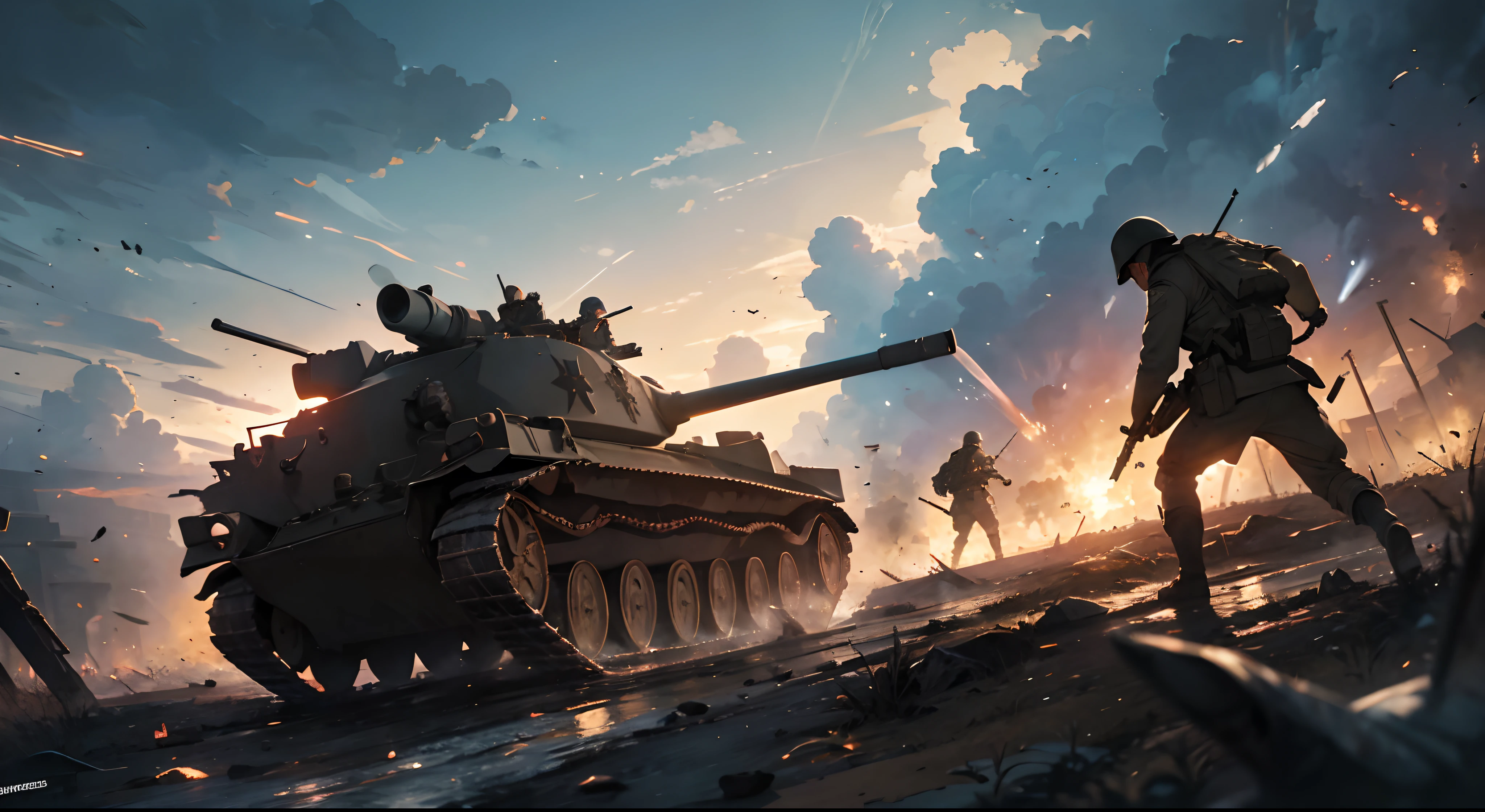 The battle raged on for hours, the sounds of gunfire and explosions echoing through the valley like a symphony of destruction. Bullets whizzed through the air, striking anything in their path with deadly precision. Soldiers fought with a ferocity born of desperation, their faces set in grim determination as they sought to defend their nation's freedom against the invading forces. The enemy was numerous and fearless, their numbers overwhelming the outnumbered defenders. Waves of enemy soldiers charged the front lines, their weapons blazing as they charged towards the trenches. The defenders fought back, their own weapons hissing and spitting fire as they sought to repel the invaders. But the enemy was not to be deterred, and they pressed on with a relentless determination that seemed to defy the laws of nature. The defenders fought with everything they had, but as the hours dragged on it seemed as though they were no match for the overwhelming force of their enemy. The battle raged on into the night, with neither side giving an inch. The air was thick with smoke and the scent of blood, and the sound of screams and cries of the wounded filled the air like a chorus of agony. The defenders fought on, their spirits unwavering even in the face of certain death. But in the end, it was all for naught. The enemy was too strong, their determination too great. As the sun rose over the battlefield, it brought with it a stark realization that the defenders had been defeated. The blood that soaked the ground was a testament to the valour of the defenders, but it was also a reminder of the brutal reality of war., (((((wide shot))))), ((tanks))), ((view from inside a trench)), ((highres)), ((8k)), ((WW2 battle scene))