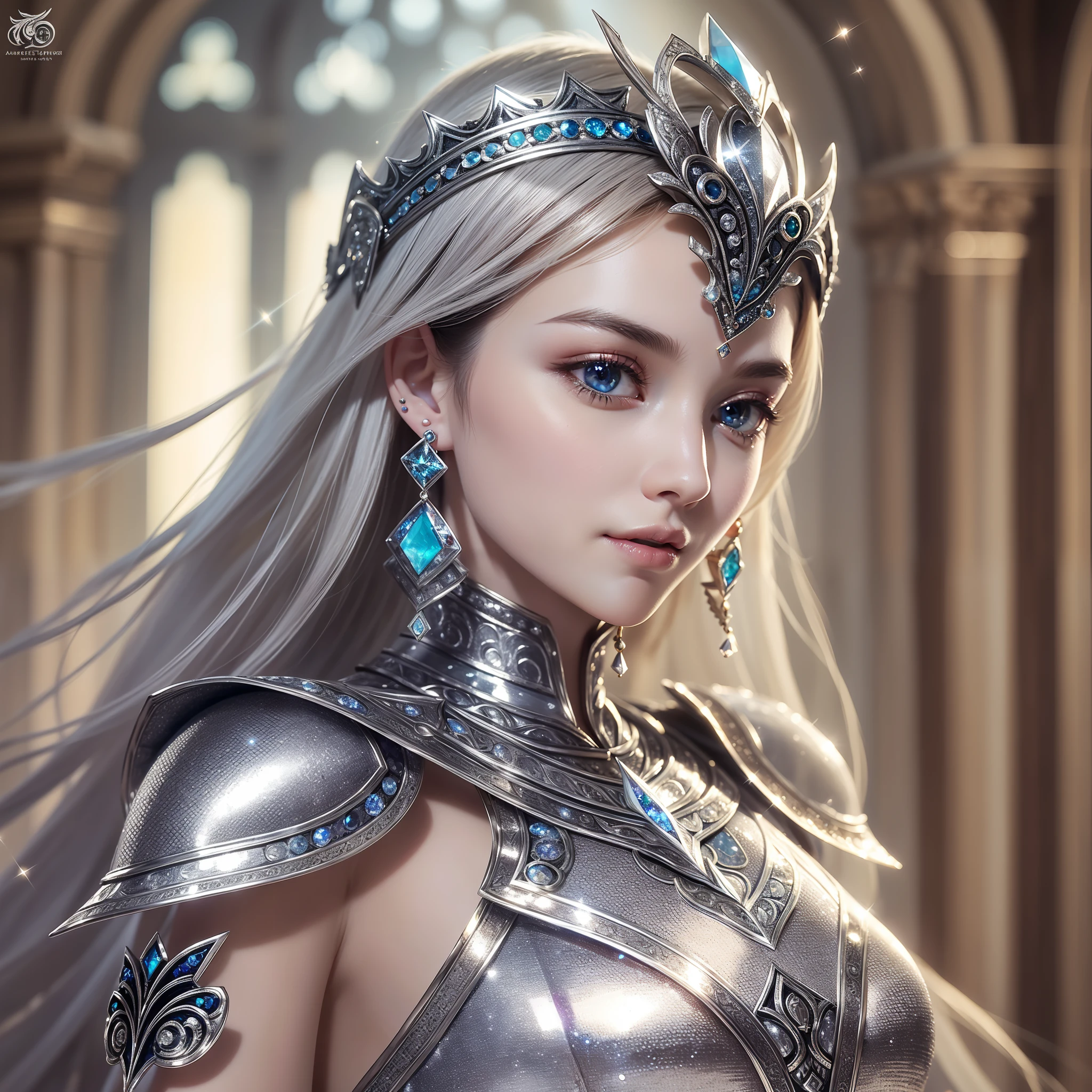 (highest quality))), ((Masterpiece)), ((Complex details)), 32k, Sharpness, Highly detailed CG, Perfect artwork, detailed and detailed details, Wind manipulation: 1.2, Light manipulation, Fantastic art, Fantasy work, (Dynamic poses: 1.5), Perfect female figure, ((Adult woman in her early twenties)), Constricted waist, leg line beauty, Very delicate and beautiful, Best quality, beautiful detailed girl, beautiful fine eyes, face lights, realistic expression of face, intricate details, makeup, ((Gentle smile: 1.4)), (Female Knight: 1.4), (Full body armor: 1.5, visor: 0.5, silver, Silver, Detailed, Unexposed Armor: 1.8)))),(Detailed beautiful delicate face, detailed beautiful delicate eyes, face) perfect proportions, perfect face modeling:1.1, Detailed skin, Detailed skin, (Dense and detailed sparkling gemstone earrings:1.5), Depth background:1.3, Upper body:1.5