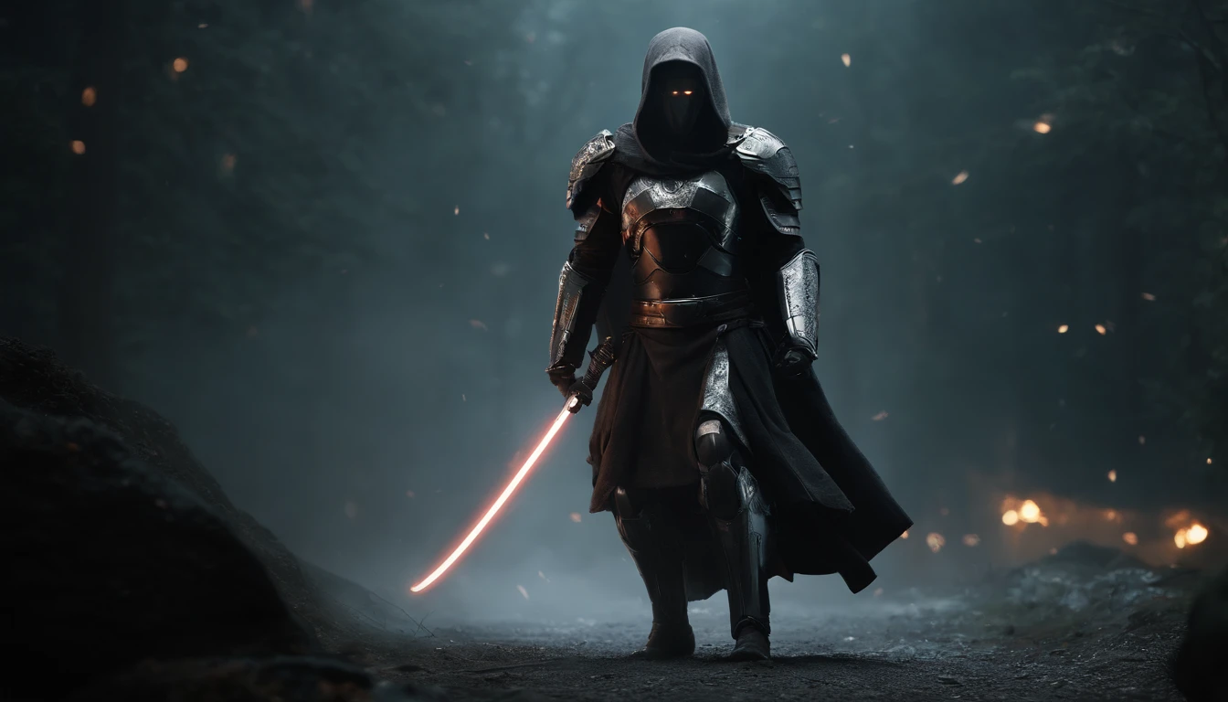 Craft an intense portrayal of a feared AI robot renowned for its agility and mastery of Jujitsu. Visualize the robot wearing a torn, dirty, and old hooded cape, adding an ominous layer to its menacing presence. Depict the robot wielding a laser katana with precision, the gleaming blade cutting through the darkness. Capture the essence of fear through dynamic poses, emphasizing the lethal combination of advanced technology and martial prowess. The torn cape should billow dynamically, conveying a sense of battle-worn resilience. This detailed prompt seeks to inspire an evocative representation of a formidable AI warrior, seamlessly blending agility, martial arts skill, and futuristic weaponry.