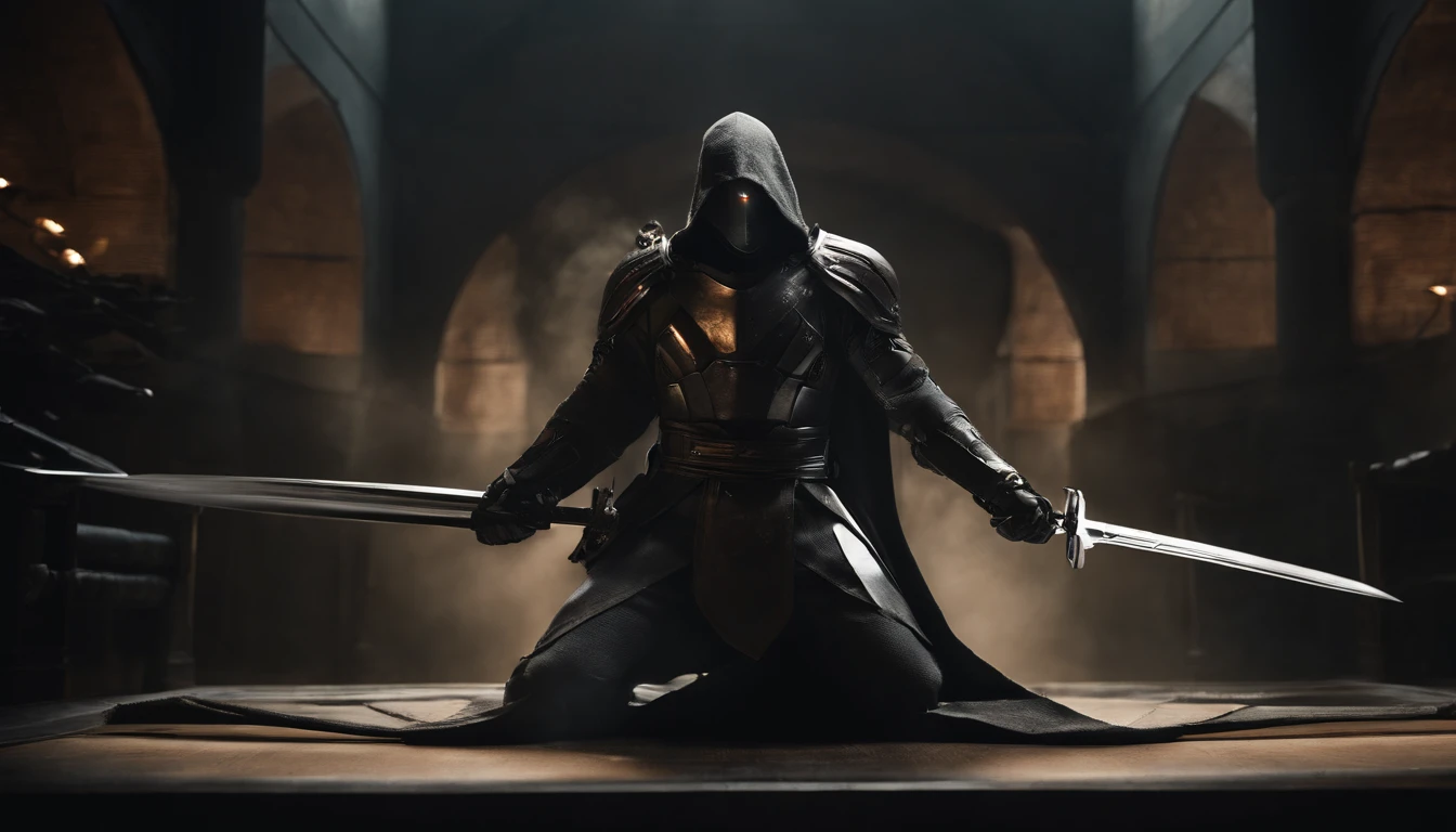 Craft an intense portrayal of a feared AI robot renowned for its agility and mastery of Jujitsu. Visualize the robot wearing a torn, dirty, and old hooded cape, adding an ominous layer to its menacing presence. Depict the robot wielding a laser katana with precision, the gleaming blade cutting through the darkness. Capture the essence of fear through dynamic poses, emphasizing the lethal combination of advanced technology and martial prowess. The torn cape should billow dynamically, conveying a sense of battle-worn resilience. This detailed prompt seeks to inspire an evocative representation of a formidable AI warrior, seamlessly blending agility, martial arts skill, and futuristic weaponry.