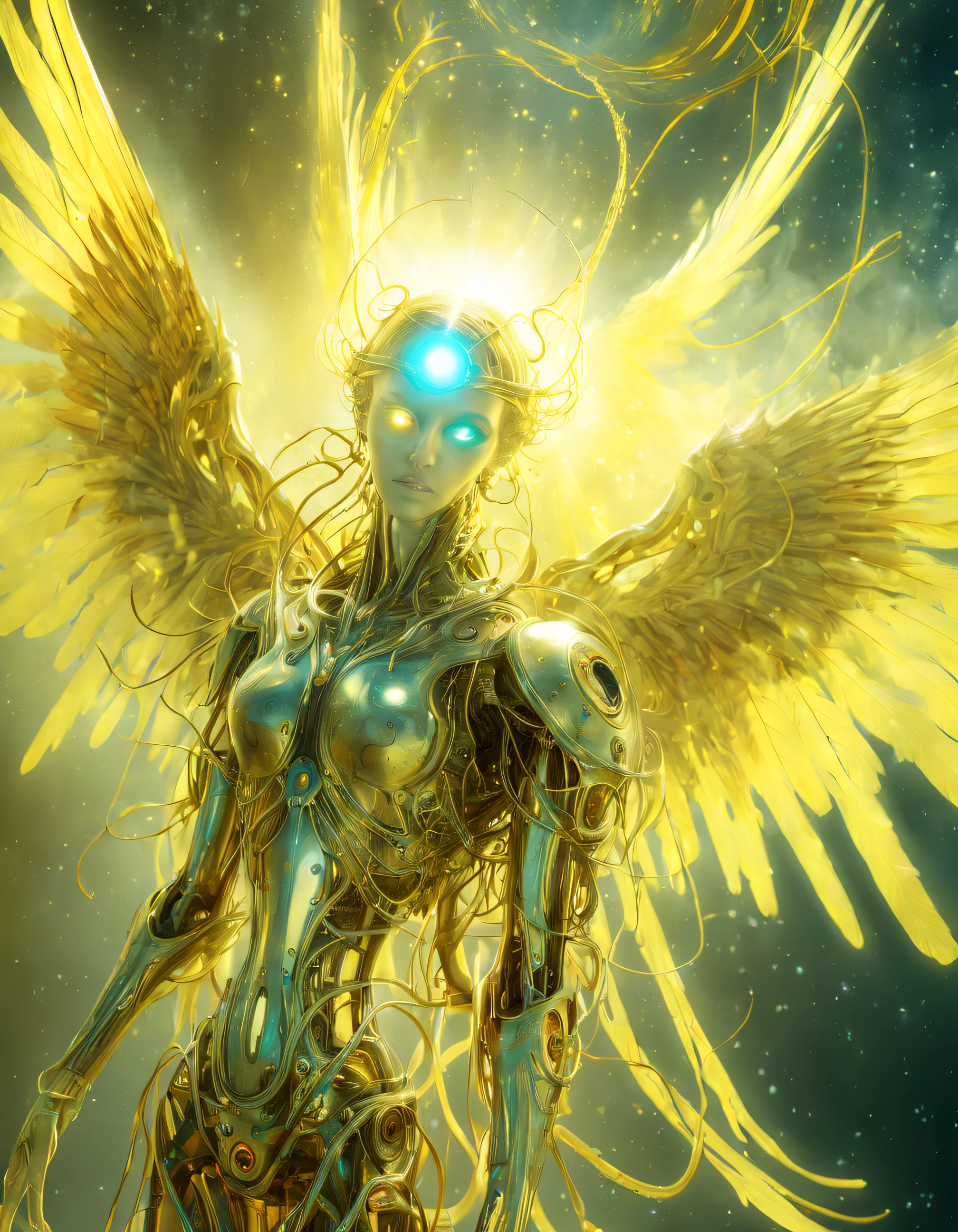 cosmic ambient, rotten fallen archangel, ((olhos amarelos estendidos)), Bio-mechanical, misterioso, assustador, pesadelo, Very hidden cores, light particules, Bio-luminescence, Mschiffer, arte de papel de parede,
