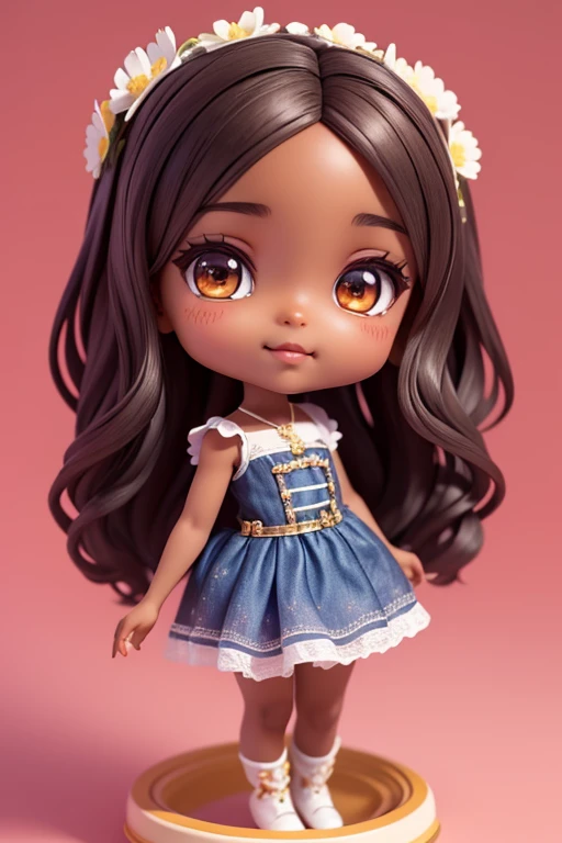 chibi 1 african children dark brown skin:5, sorriso bonito, sentado ((corpo inteiro))) "various emotions" sombras realistas, olhos brilhantes, pele detalhada, olhos castanhos esverdeados ligeiramente brilhantes, Pose para foto, longos cabelos negros encaracolados, flores no cabelo, estilo rapunzel, Very detailed, Rosto 8k altamente detalhado, Formato de rosto perfeito, perfect full lips, nariz perfeito, olhos bonitos e corretos, Observador, vestido de noiva: 3.45, Flores de cabelo, master part , best quality, only one, jeans, soio, Advanced Chibi
