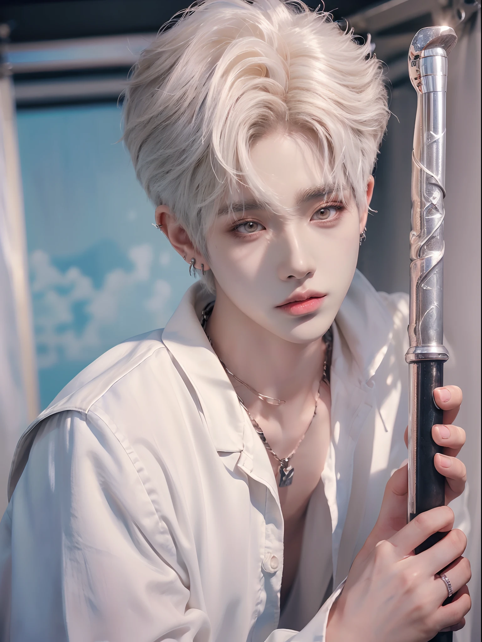 ((4K works))、masterpiece、(top-quality)、((high-level image quality))、((One Manly Boy))、Slim body、((Attractive and sexy jeans fashion))、((Men's Fashion))、(Detailed beautiful eyes)、In a soundproof room、Record a song、Face similar to Chaewon in Ruseraphim、((short hair above the ears))、((Smaller face))、((Neutral face))、((White hair))、((Brown eyes))、((Korean boy))、((18year old))、((Handsome man))、((sings))、((Korean Makeup))、((elongated and sharp eyes))、((Like a celebrity))、Everyday photography、((Shot alone))、((Shot diagonally from the side))、((Upper body photography))、((He stands in front of the microphone stand))
