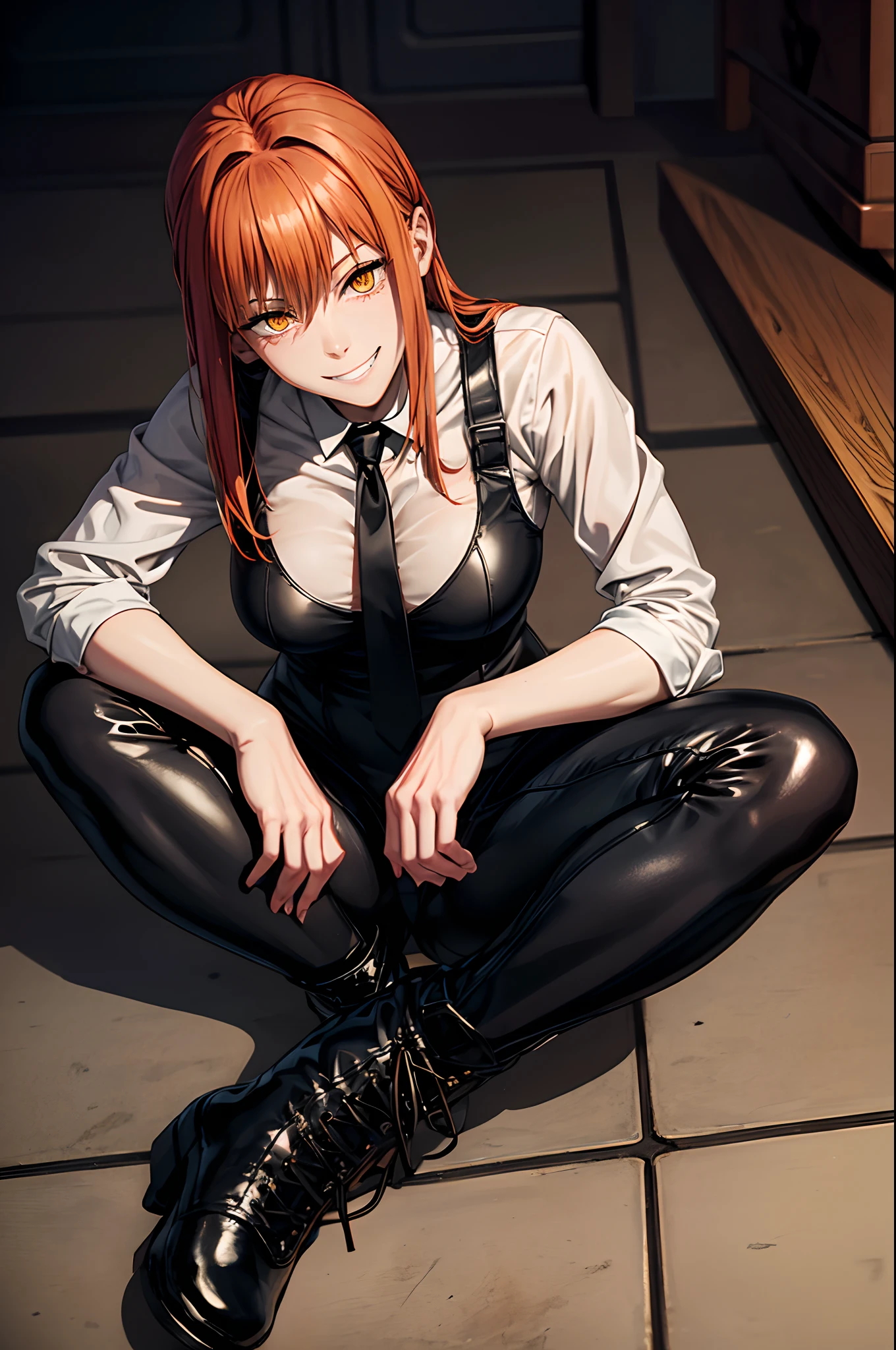 1girl, Makima (Chainsaw Man), beautiful face, detailed face, pretty, orange hair, long hair, tied hair, hair bang, straight hair bang, yellow eyes, detailed eyes, mature woman, mommy, smiling sadistically, evil smile, crazy grin, tie, black tie, white leotard, office pants, dark gray pants, latex pants, boots, black boots, leather boots, combat boots, red light, blood on face, stains of blood on the face
