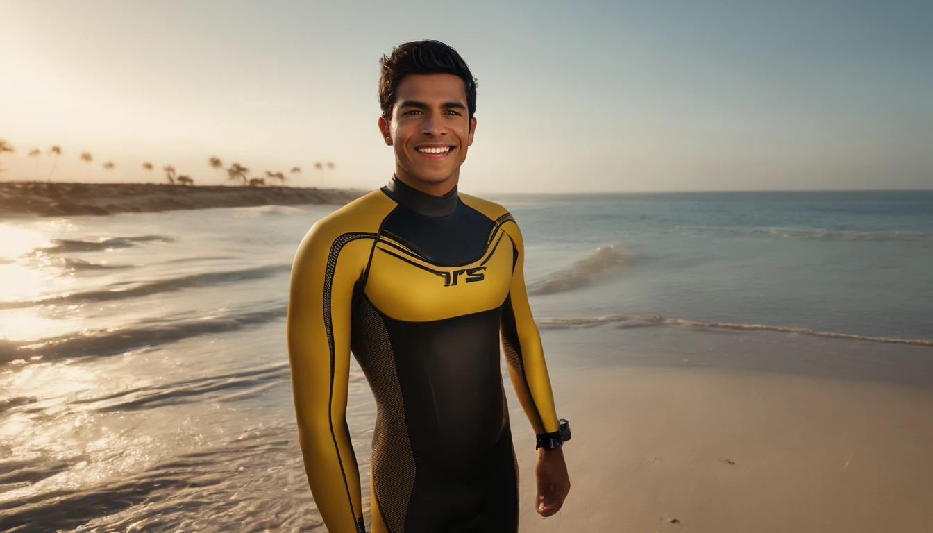 RAW, Masterpiece, Super Fine Photo, Ultra High Resolution, Photorealistic, Sunlight, Full Body Portrait, latino hispanic young man wearing a full body, black and yellow wetsuit, slight manly buldge, black hair with blonde highlights, smiling face, open mouth, gold teeth, standing on a sandy beach facing the ocean, cybernetically enhanced, pigeoncore, neo-dadaist, mechanized precision, people swimming in the ocean, boats floating, in the style of mecha sci-fi anime, 8k, best quality, highres, Unreal Engine:1.4,Ultra-realistic 64K CG, Photorealista:1.4, Skin Texture:1.4, Volumetric fog, 8k uhd, dslr, high quality, film grain, fair skin, photorealism, lomography, translucent