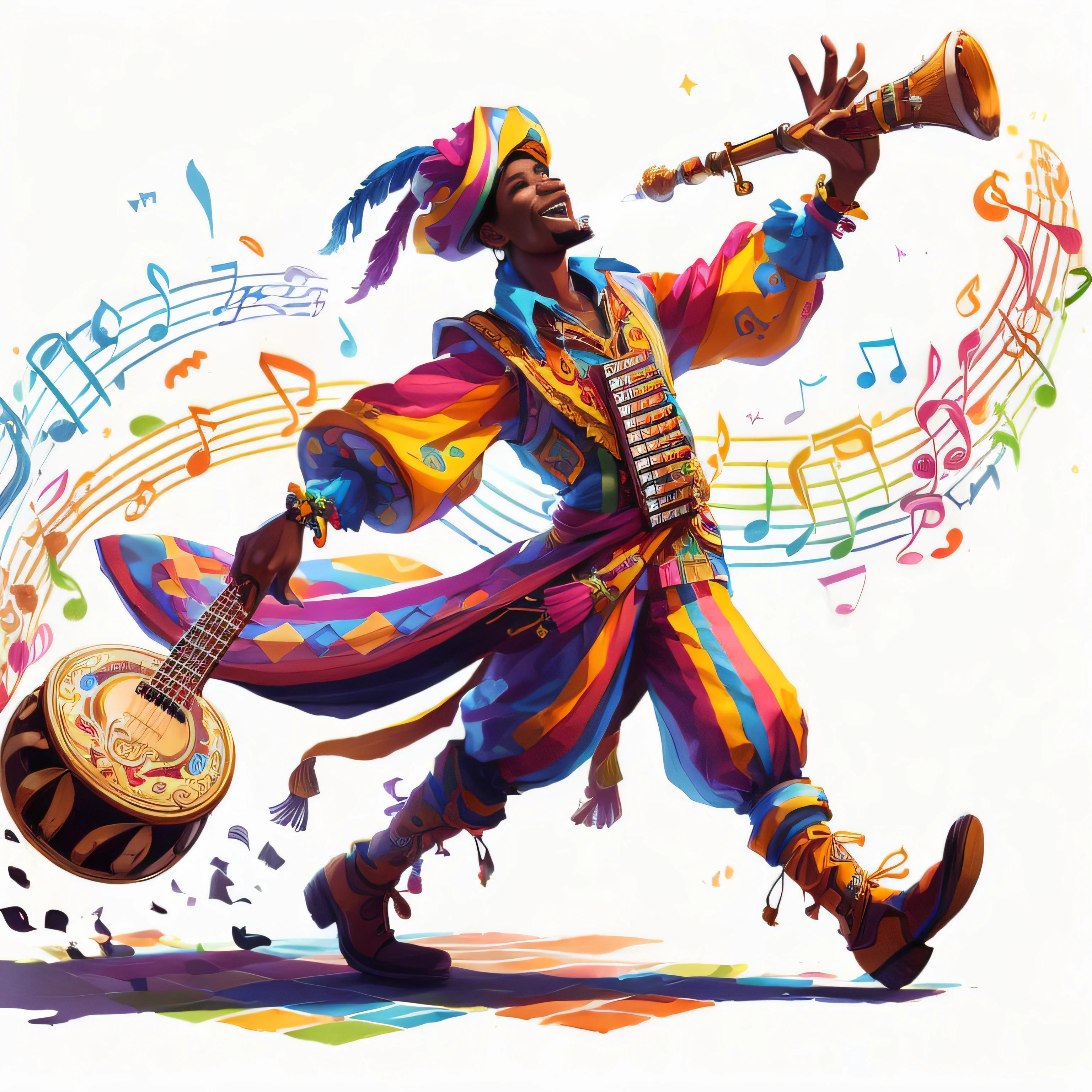 A traveling artist with colorful costumes and a musical instrument. It has a lively expression and is surrounded by an atmosphere of music and energy. RPG character, cartoon, simple art