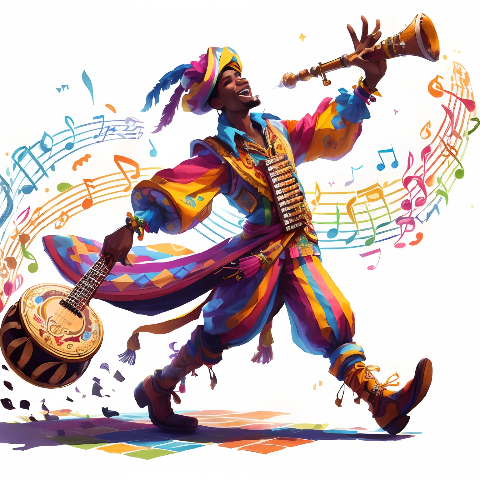 A traveling artist with colorful costumes and a musical instrument. It has a lively expression and is surrounded by an atmosphere of music and energy. RPG character, cartoon, simple art