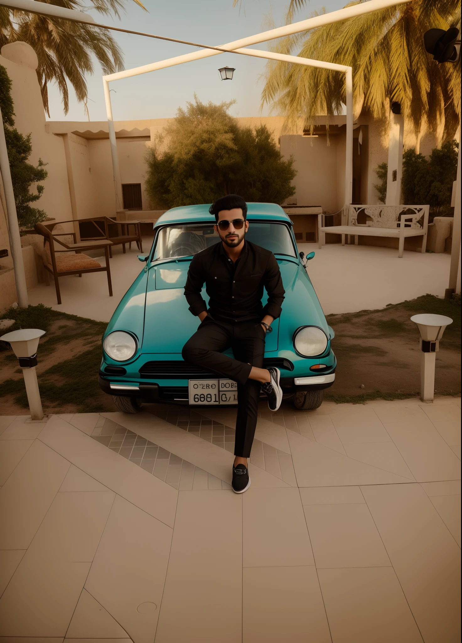there is a man sitting on a car in a driveway, mohamed chahin style, mohamed chahin, very very low quality picture, amr elshamy, in egypt, stylish pose, by Shaddy Safadi, sayem reza, khyzyl saleem, edited, full body photogenic shot, photography shot, car shot, by Ismail Acar