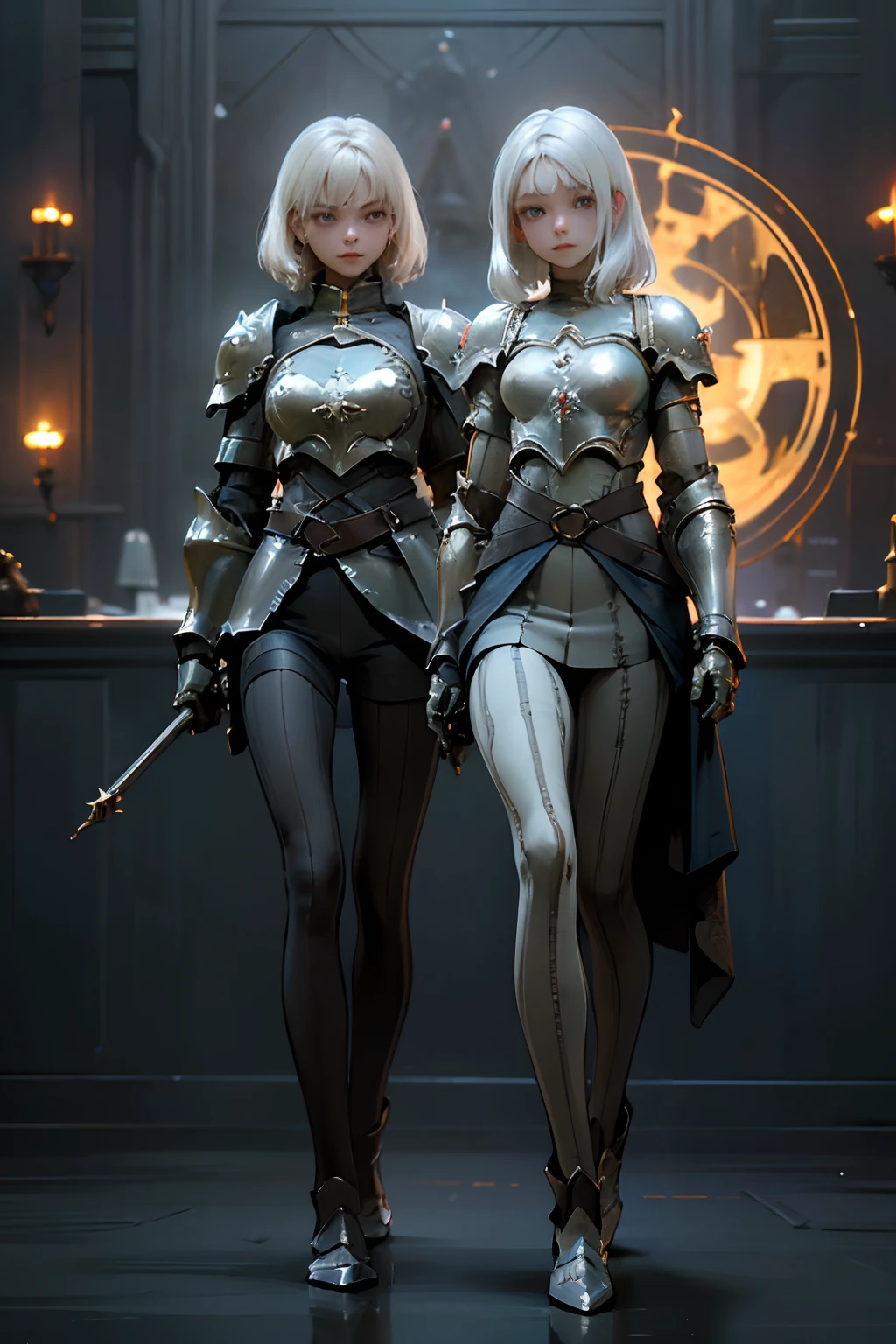 (((masterpiece))), (((best quality))), ((ultra-detailed)), (cinematic lighting), (illustration), (beautiful detailed eyes), (2girls), full body, space, knight, armour, light hair, skirt, walking, ruins, (masterpiece, 2girls A and B), best quality, expressive eyes, perfect face, 
Girl A: (blonde hair, long hair, wearing skirt, black pantyhose, armour),
Girl B: (white hair, short hair, jumpsuit, armour),