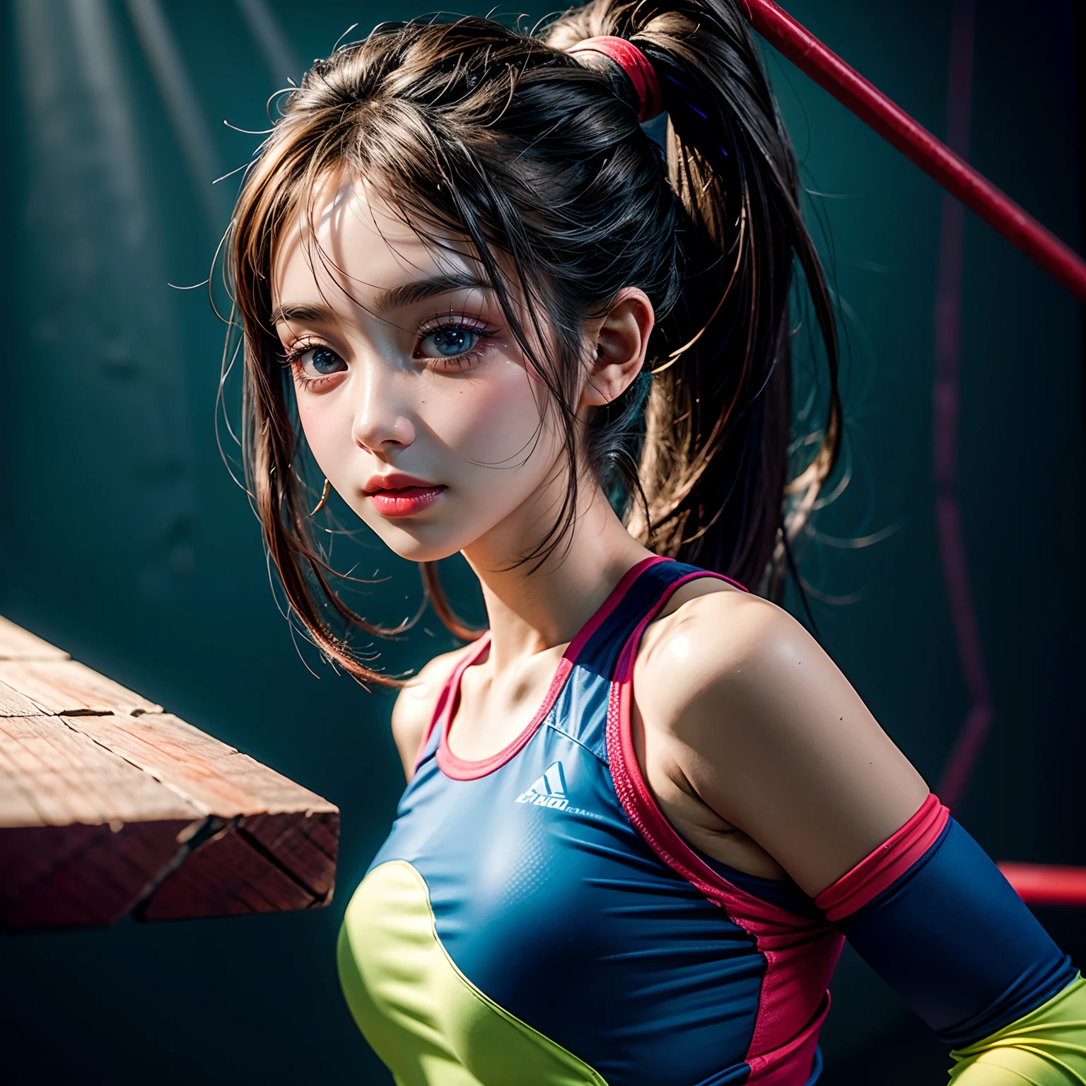 (best quality,ultra-detailed),portraits,climbing girl,Ai mori,sports climbing,top hold,very cute,vivid colors,studio lighting,sharp focus