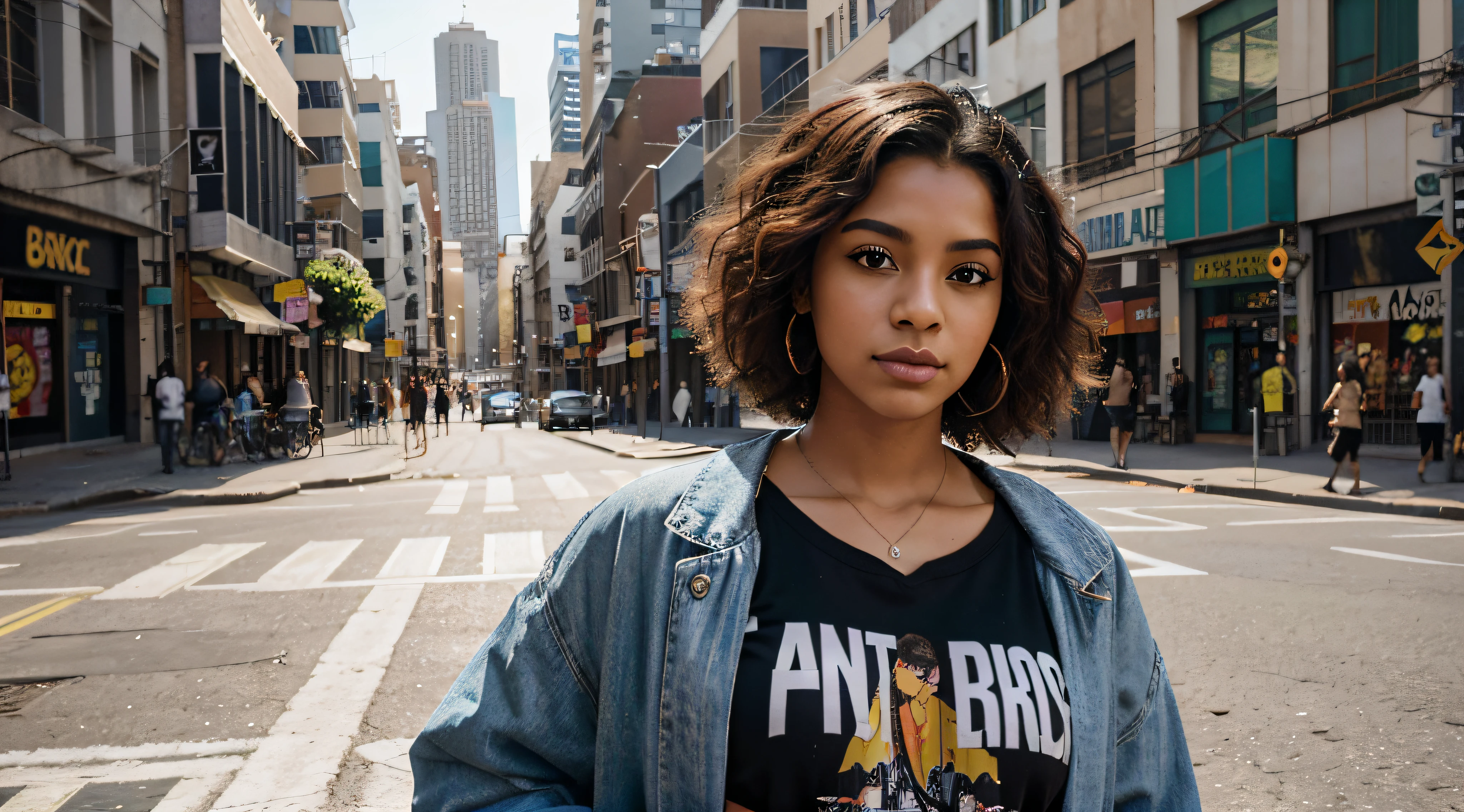 Gerar uma imagem de uma jovem afro-brasileira com vibrante, Cabelos Coloridos. Apresente-a em uma camisa branca adornada com estampas abstratas. Place it in a realistic urban environment with cinematic lighting and pronounced shadows, showcasing the dynamic atmosphere of a bustling city. Incorporate a piercing to add a touch of edginess to your look. Make sure your hair colors are vivid and expressive, refletindo um estilo moderno e individualista. The overall composition should capture the essence of a confident and elegant young woman navigating the vibrant and diverse streets of a major city