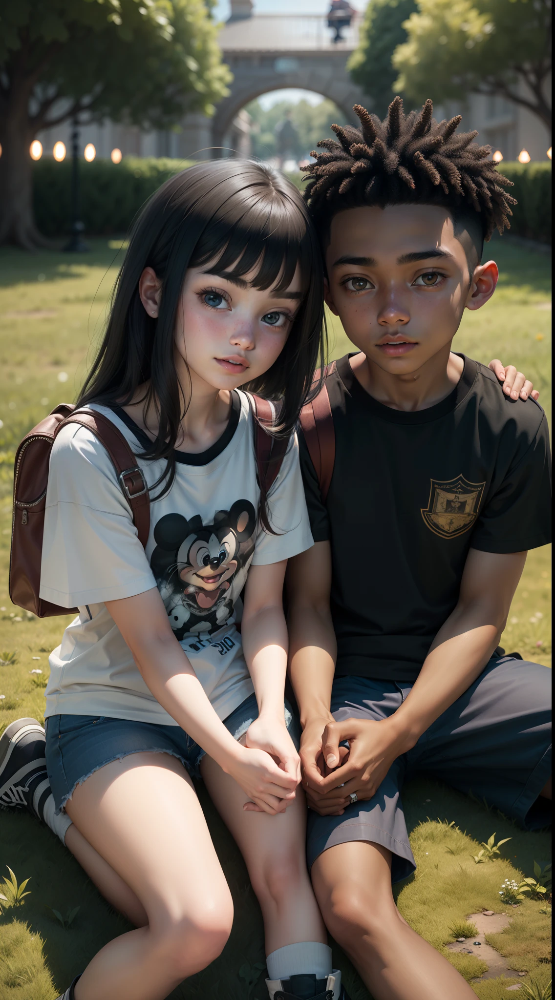 two teenagers hispanic girl next to black boy sitting down on grass with lights in background animated disney
