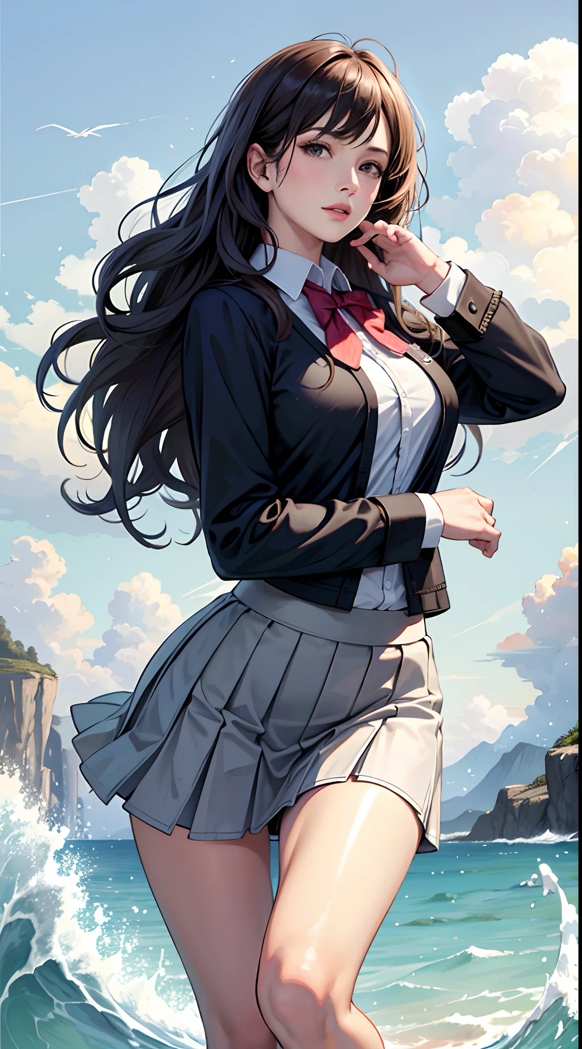 Photorealistic, high resolution, 1womanl, Mature female, Solo, Hips up, view the viewer, (Detailed face), Wavy hair, Long hair, school uniform, Mini skirt