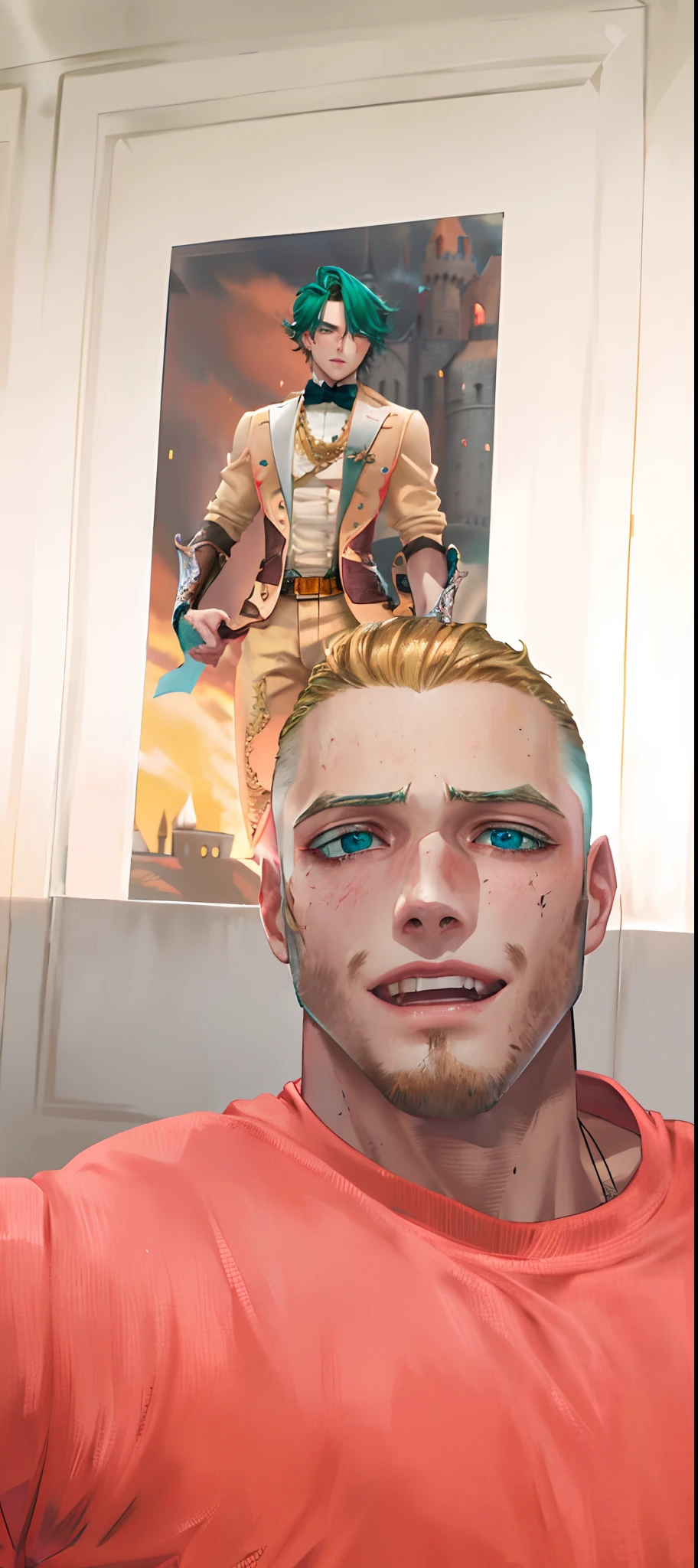 1boy, (man), manly body, anime, extremely detailed, hyper detailed, (broad shoulders), (PERFECT FACE), illustration, soft lighting, 2d, intricate, cowboy shot, detailed eyes, blonde hair, short hair, teal eyes, sexy, toned, black tuxedo, (outside), castle tower