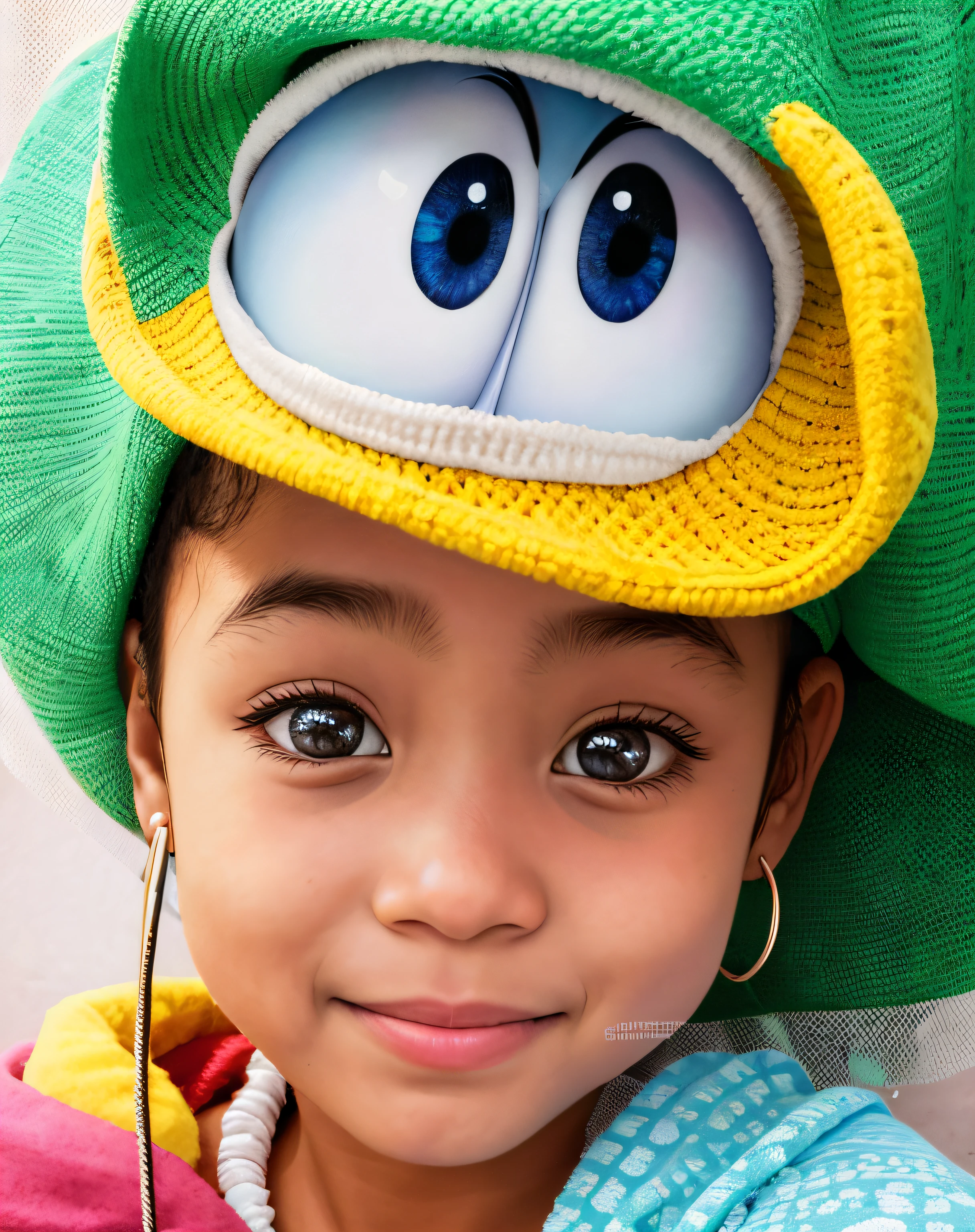 There's a girl with a big smile on her face, belos olhos enormes, africana de pele clara, 2 anos, olhos doces, bochechas rosadas, Violeta Myers, meninaa, Olhos encantadores, menina bonitdos olhos abertos, olhos grandes bonitos, ela tem um rosto bonito, olhos brilhantes e cheios de alma, Riyahd Cassiem, muito bobo olhando crie essa imagem como um cartaz de filme da pixar