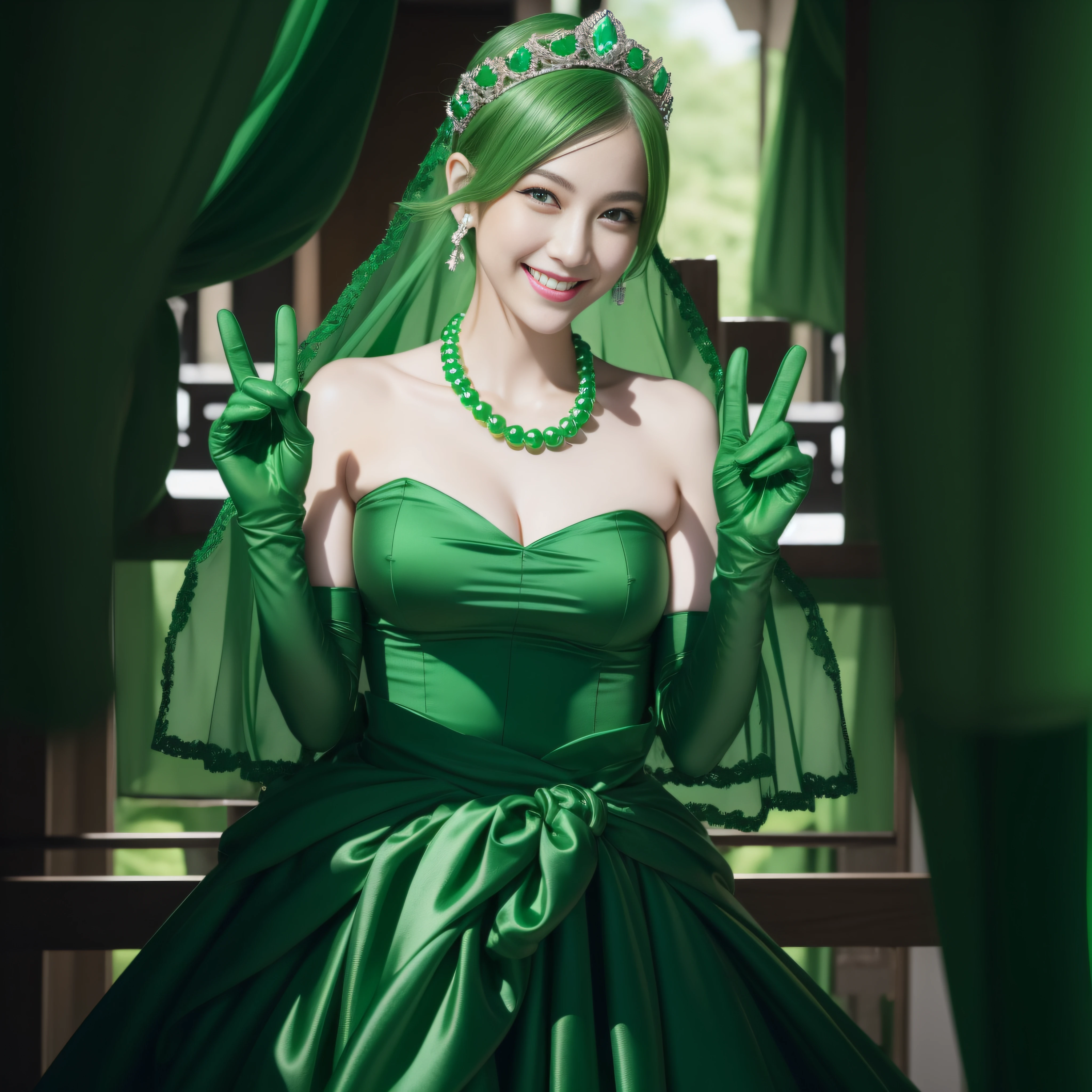 emerald tiara, Green Pearl Necklace, Boyish very short green hair, lipsticks, Japan woman smiling, very short short hair, big breasts beautiful, Green eyes, Long green gloves made of satin material, Green eyes, v sign,V-sign with both hands