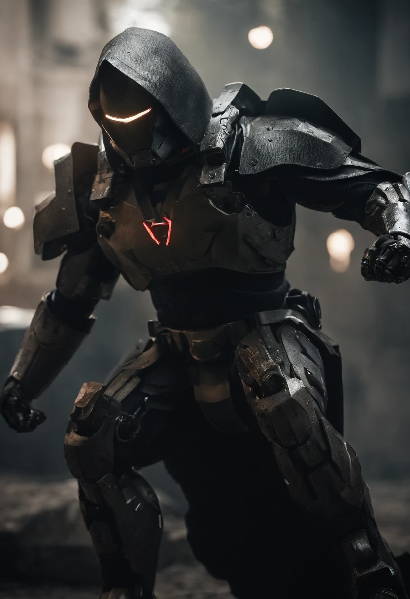 Craft an intense portrayal of a feared AI robot renowned for its agility and mastery of Jujitsu. Visualize the robot wearing a torn, dirty, and old hooded cape, adding an ominous layer to its menacing presence. Depict the robot wielding a laser katana with precision, the gleaming blade cutting through the darkness. Capture the essence of fear through dynamic poses, emphasizing the lethal combination of advanced technology and martial prowess. The torn cape should billow dynamically, conveying a sense of battle-worn resilience. This detailed prompt seeks to inspire an evocative representation of a formidable AI warrior, seamlessly blending agility, martial arts skill, and futuristic weaponry.