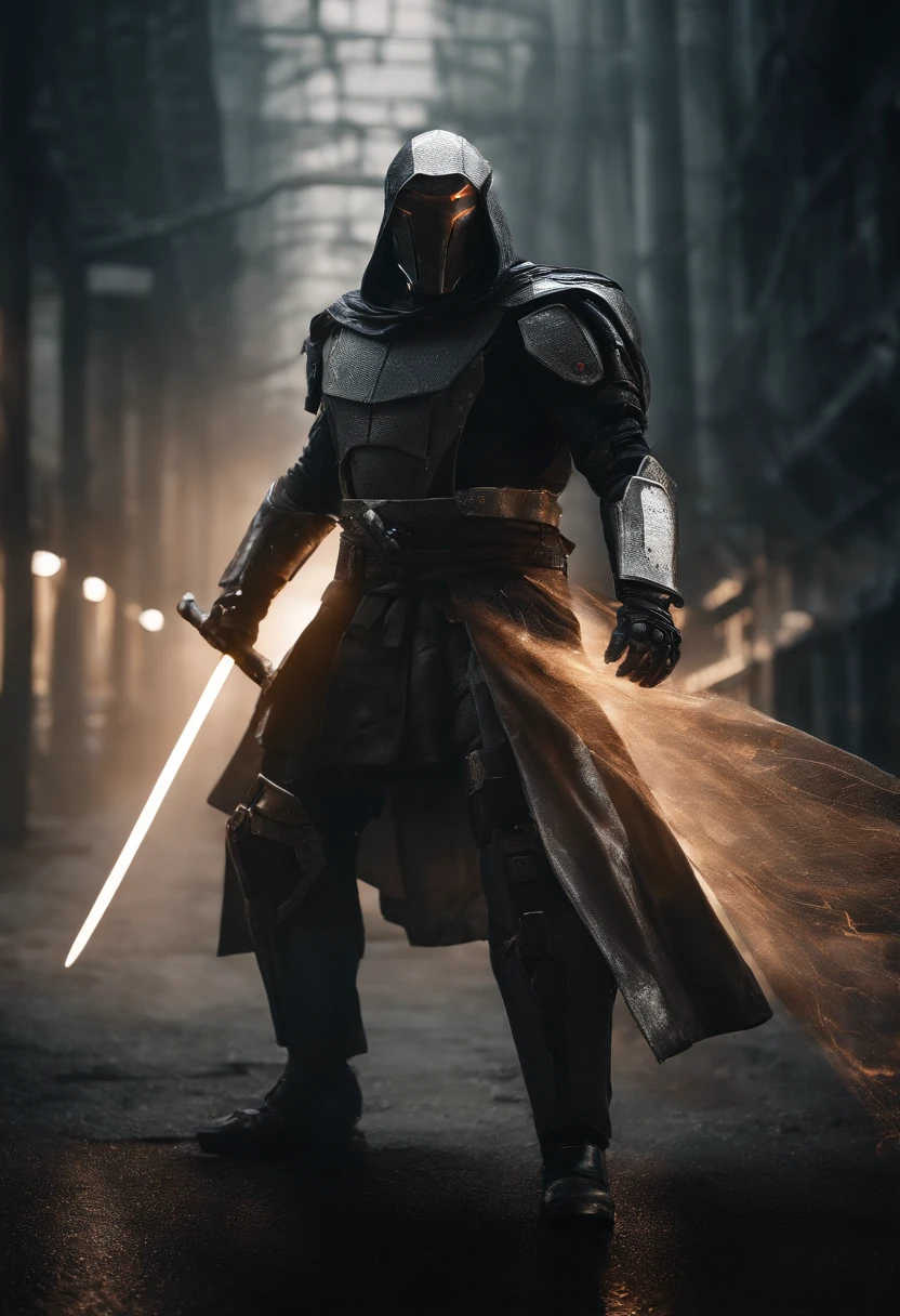 Craft an intense portrayal of a feared AI robot renowned for its agility and mastery of Jujitsu. Visualize the robot wearing a torn, dirty, and old hooded cape, adding an ominous layer to its menacing presence. Depict the robot wielding a laser katana with precision, the gleaming blade cutting through the darkness. Capture the essence of fear through dynamic poses, emphasizing the lethal combination of advanced technology and martial prowess. The torn cape should billow dynamically, conveying a sense of battle-worn resilience. This detailed prompt seeks to inspire an evocative representation of a formidable AI warrior, seamlessly blending agility, martial arts skill, and futuristic weaponry.