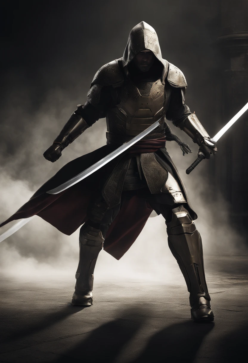 Craft an intense portrayal of a feared AI robot renowned for its agility and mastery of Jujitsu. Visualize the robot wearing a torn, dirty, and old hooded cape, adding an ominous layer to its menacing presence. Depict the robot wielding a laser katana with precision, the gleaming blade cutting through the darkness. Capture the essence of fear through dynamic poses, emphasizing the lethal combination of advanced technology and martial prowess. The torn cape should billow dynamically, conveying a sense of battle-worn resilience. This detailed prompt seeks to inspire an evocative representation of a formidable AI warrior, seamlessly blending agility, martial arts skill, and futuristic weaponry.