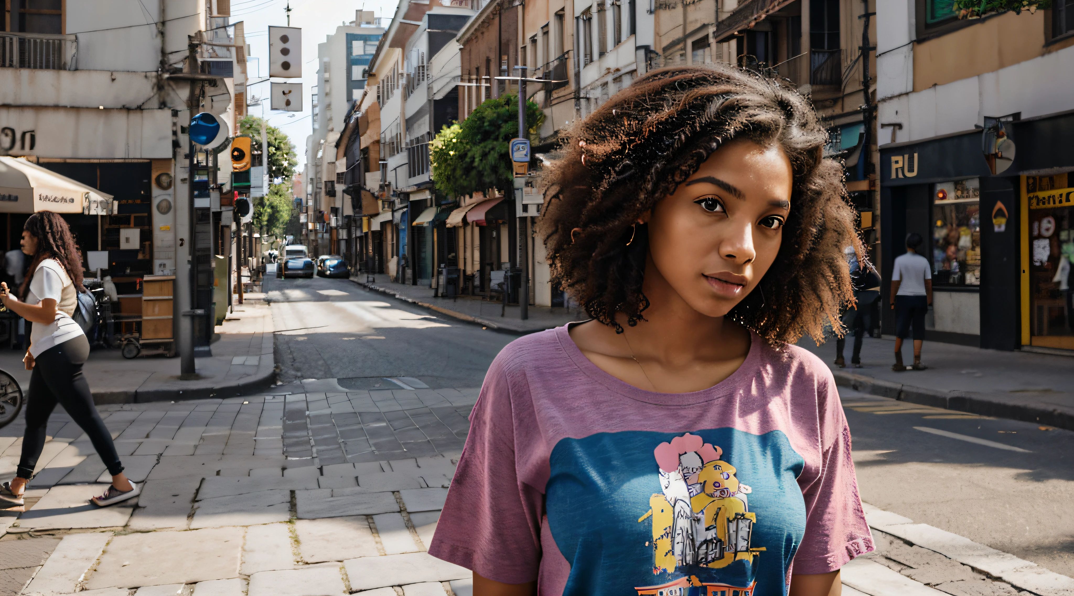 Gerar uma imagem de uma jovem afro-brasileira com vibrante, Cabelos Coloridos. Apresente-a em uma camisa branca adornada com estampas abstratas. Place it in a realistic urban environment with cinematic lighting and pronounced shadows, showcasing the dynamic atmosphere of a bustling city. Incorpore um piercing para adicionar um toque de ousadia ao seu visual. Make sure your hair colors are vivid and expressive, refletindo um estilo moderno e individualista. The overall composition should capture the essence of a confident and elegant young woman navigating the vibrant and diverse streets of a major city