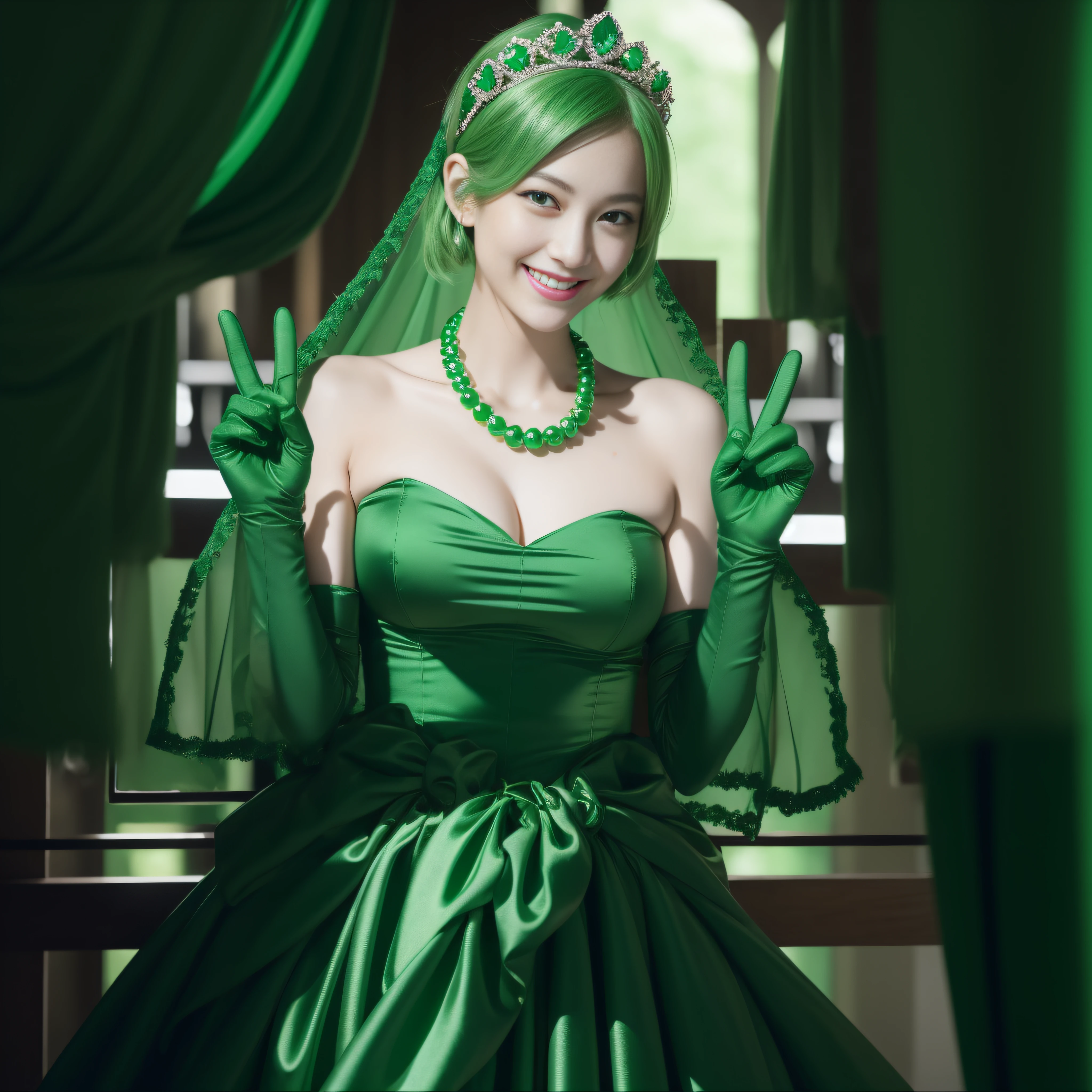 emerald tiara, Green Pearl Necklace, Boyish very short green hair, lipsticks, Japan woman smiling, very short short hair, big breasts beautiful, Green eyes, Long green gloves made of satin material, Green eyes, Emerald Earrings, green vale, v sign