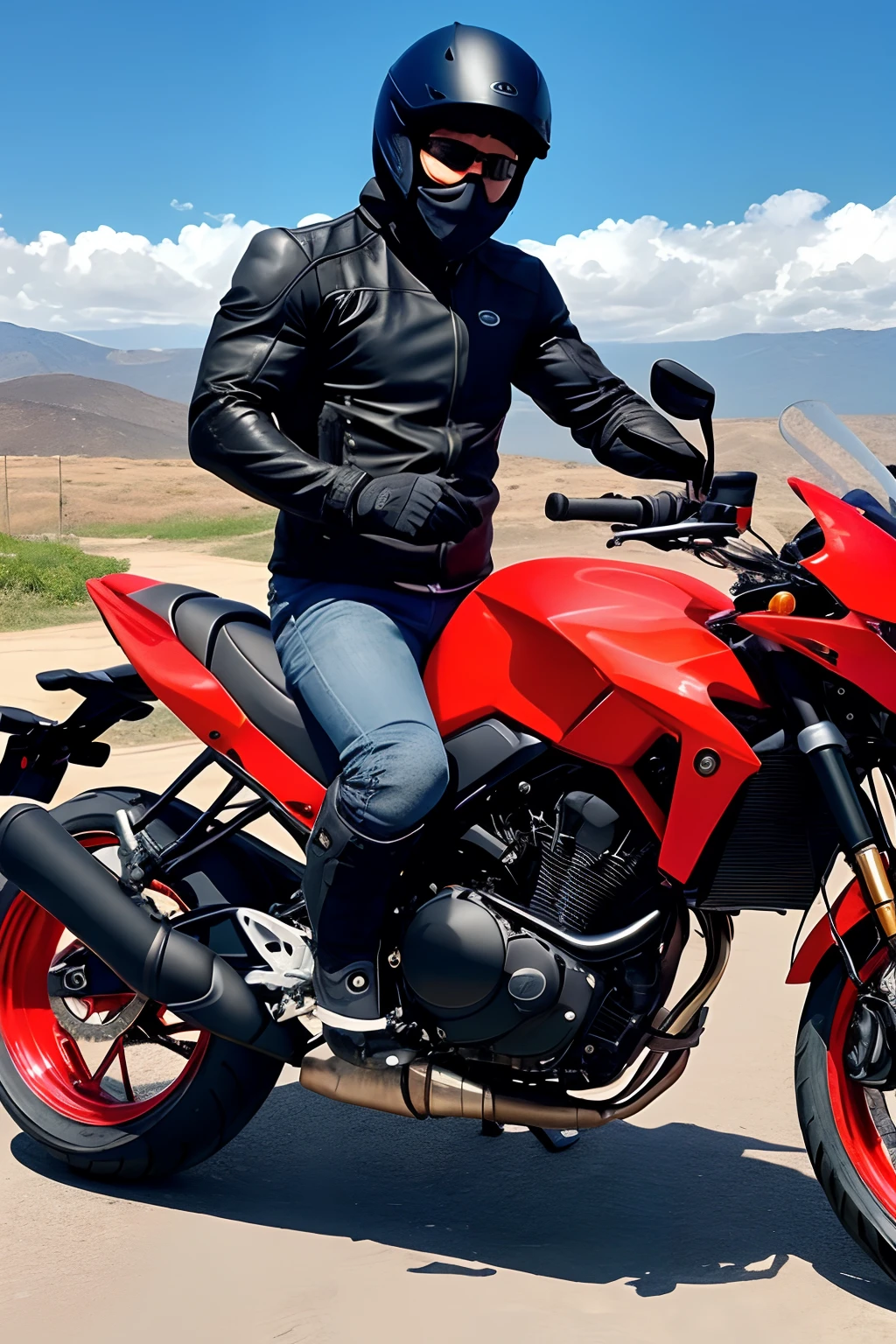 Man in a balaclava riding a sports motorcycle, That you are in good physical shape, muscular, alto y que tiene un ligero bulto en la ingle.