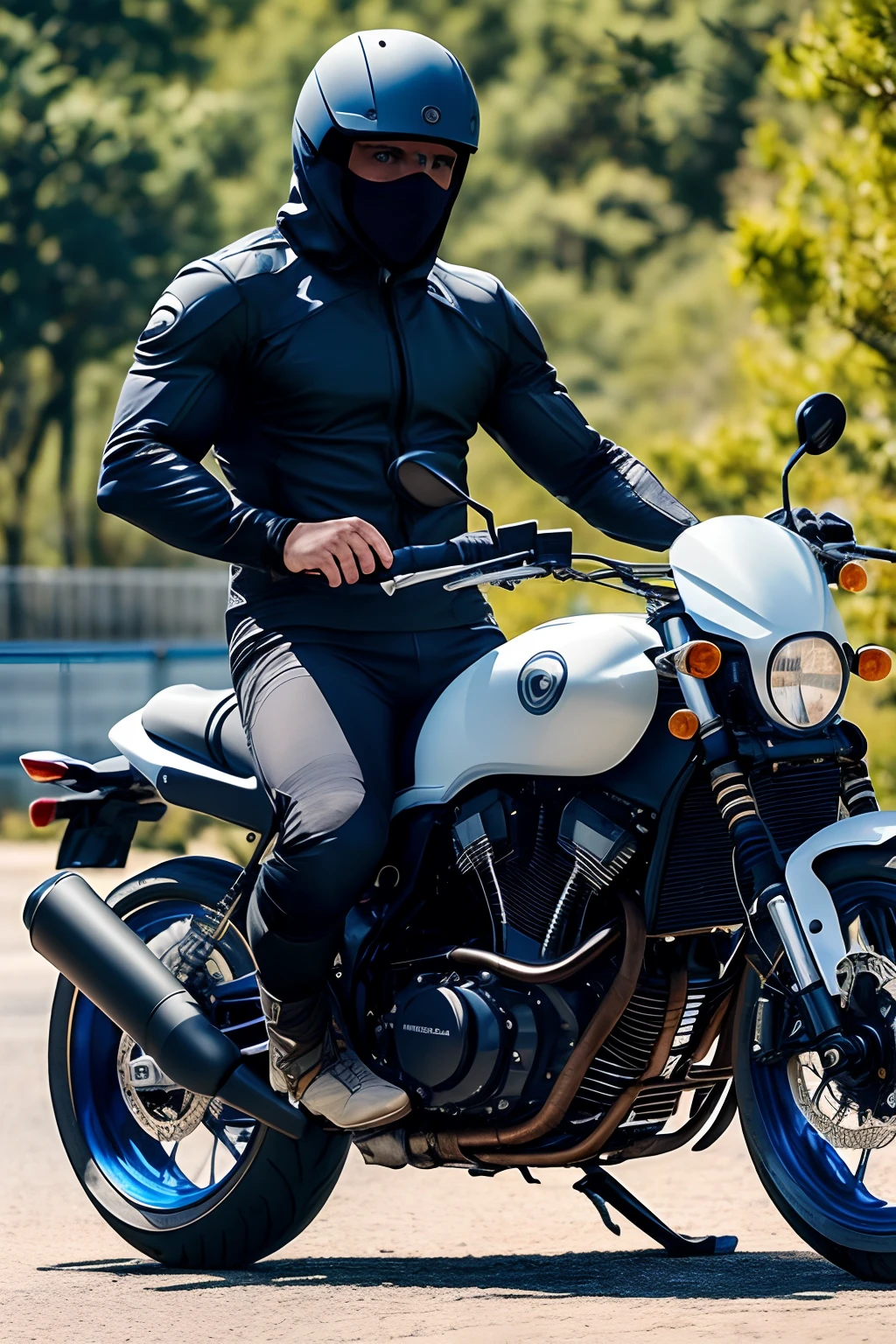 Man in a balaclava riding a sports motorcycle, That you are in good physical shape, muscular, alto y que tiene un ligero bulto en la ingle.