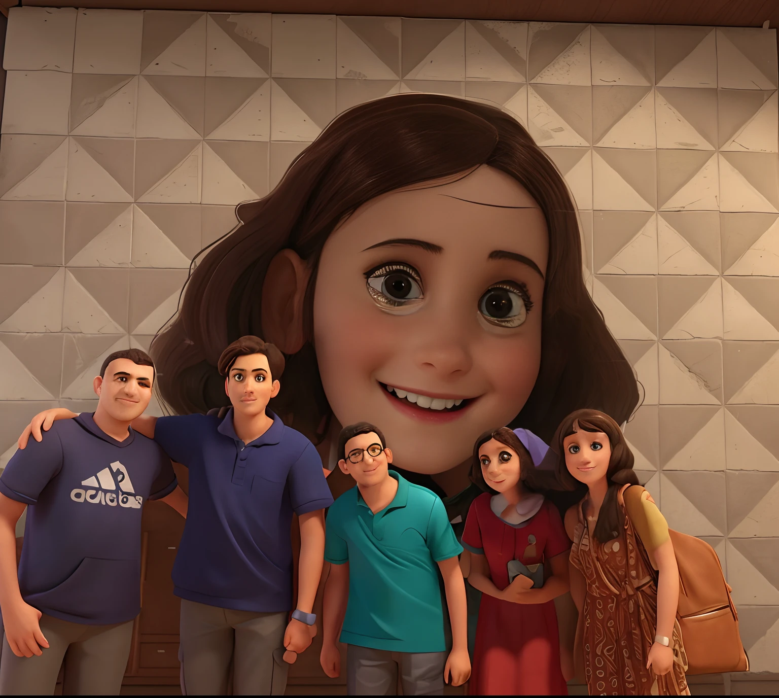 Imagem de um grupo de pessoas em frente a um Quadro com a foto da Anne Frank estilo Disney Pixar 3d.