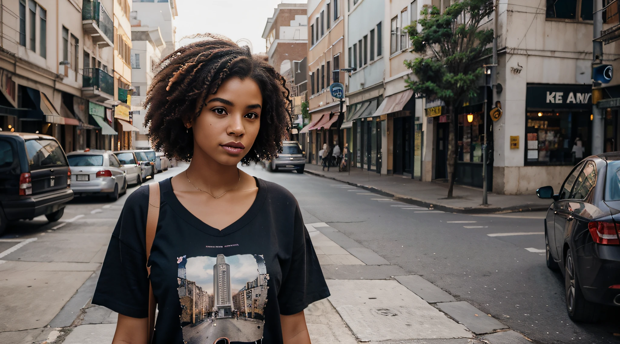 Gerar uma imagem de uma jovem afro-brasileira com vibrante, Cabelos Coloridos. Apresente-a em uma camisa branca adornada com estampas abstratas. Place it in a realistic urban environment with cinematic lighting and pronounced shadows, showcasing the dynamic atmosphere of a bustling city. Incorpore um piercing para adicionar um toque de ousadia ao seu visual. Make sure your hair colors are vivid and expressive, refletindo um estilo moderno e individualista. The overall composition should capture the essence of a confident and elegant young woman navigating the vibrant and diverse streets of a major city