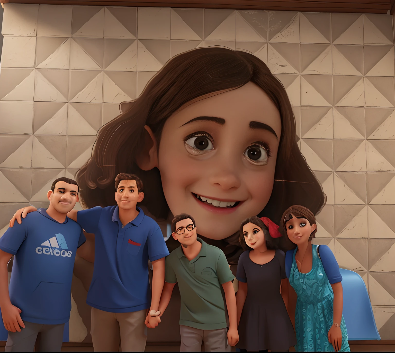 Imagem de um grupo de pessoas em frente a um Quadro com a foto da Anne Frank estilo Disney Pixar 3d.