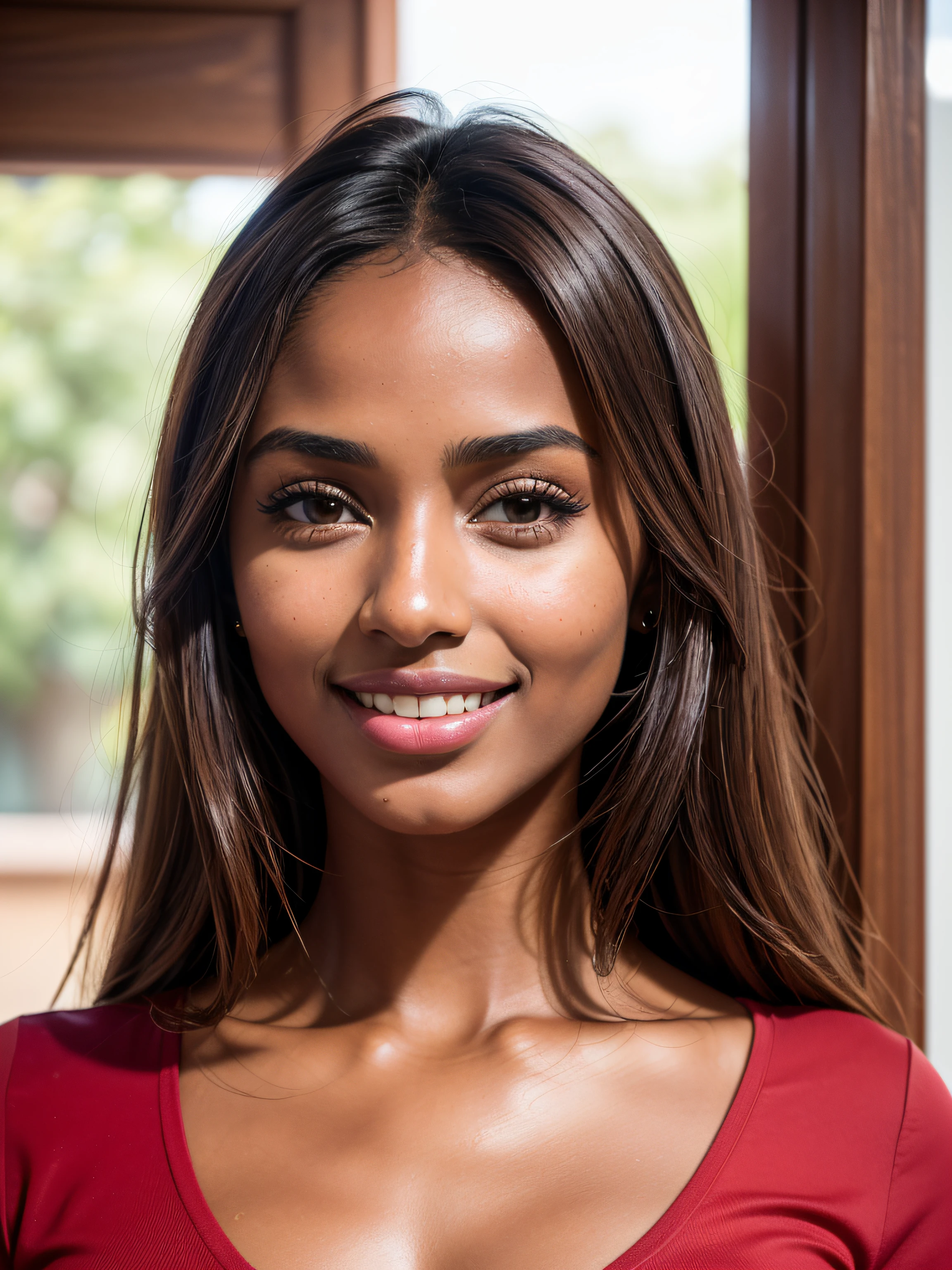 ((Masterpiece)), ((Realistic)), 8K, (Beautiful+attractive+{clean skin}+(feminine)+(cute)+(most beautiful woman)), extremely beautiful, ((dark+brown Somali (young) woman)), inspired by young Jessica Andrea 2017:0.3, 18 years, (perfect brown+walnut eyes), (black straight hair), (thin nose-bridge nose), (thin nose-tip nose), (thin nostril nose), ((most beautiful european nose)), (round beautiful ((feminine)) {Ana de Armas 2022:0.4} cheeks)), (most beautiful smile), looking_at_viewer, wearing a red (shirt), headshot