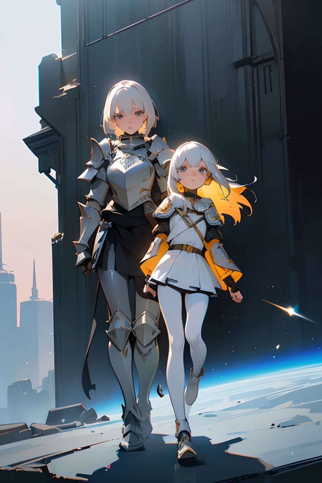 (((masterpiece))), (((best quality))), ((ultra-detailed)), (cinematic lighting), (illustration), (beautiful detailed eyes), (2girls), full body, space, knight, armour, light hair, skirt, walking, ruins, (masterpiece, 2girls A and B), best quality, expressive eyes, perfect face, Girl A: (blonde hair, long hair, wearing skirt, black pantyhose, armour), Girl B: (white hair, short hair, jumpsuit, armour),