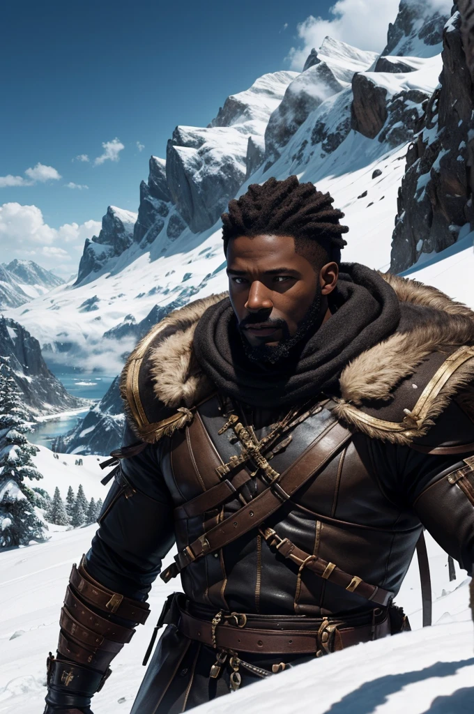 Illustrate an AI representation of Black man Hannibal's audacious journey through the treacherous Alps, emphasizing the intricacies of the mountain landscape with his African troops.