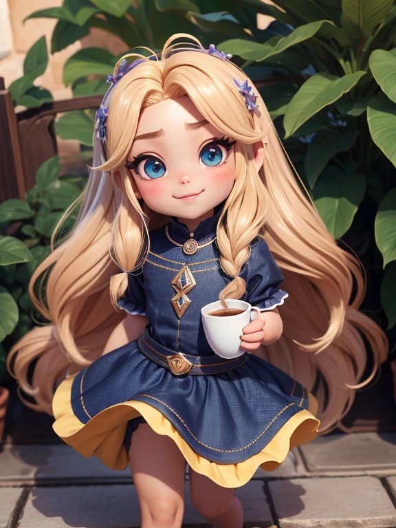 chibi 1 pequeno africano pele castanha escura:5, sorriso bonito, Andar no campo ((corpo inteiro))) "((with coffee))" sombras realistas, olhos brilhantes, pele detalhada, olhos verdes claros levemente cintilantes, Pose para foto, longos cabelos castanhos encaracolados, flores no cabelo, estilo rapunzel, Very detailed, Rosto 8k altamente detalhado, Formato de rosto perfeito, perfect full lips, nariz perfeito, olhos bonitos e corretos, Observador, vestido de noiva: 3.45 , Flores de cabelo, master part, best quality, only one, jeans, soio, Advanced Chibi
