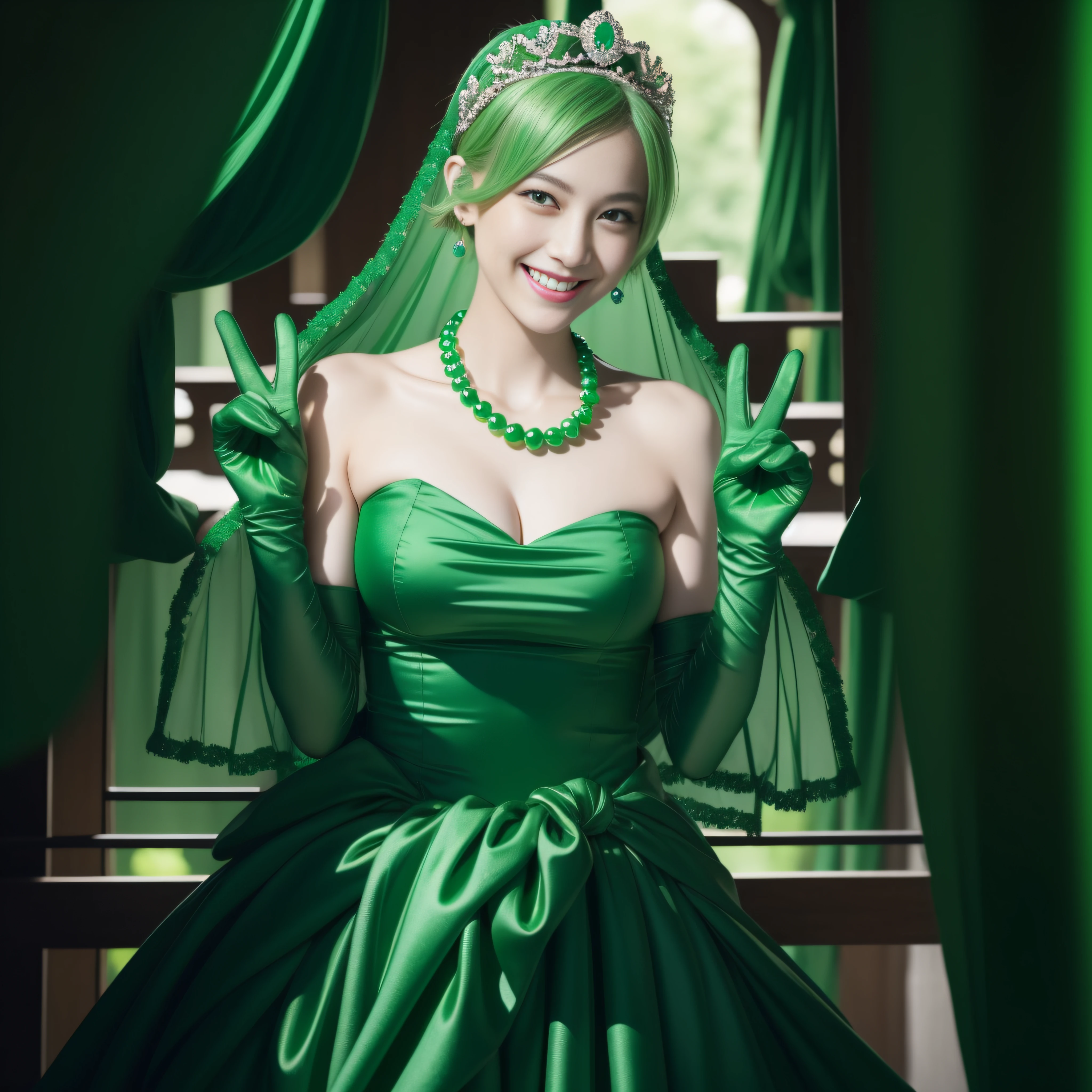 emerald tiara, Green Pearl Necklace, Boyish very short green hair, lipsticks, Japan woman smiling, very short short hair, big breasts beautiful, Green eyes, Long green gloves made of satin material, Green eyes, v sign, V-sign with both hands