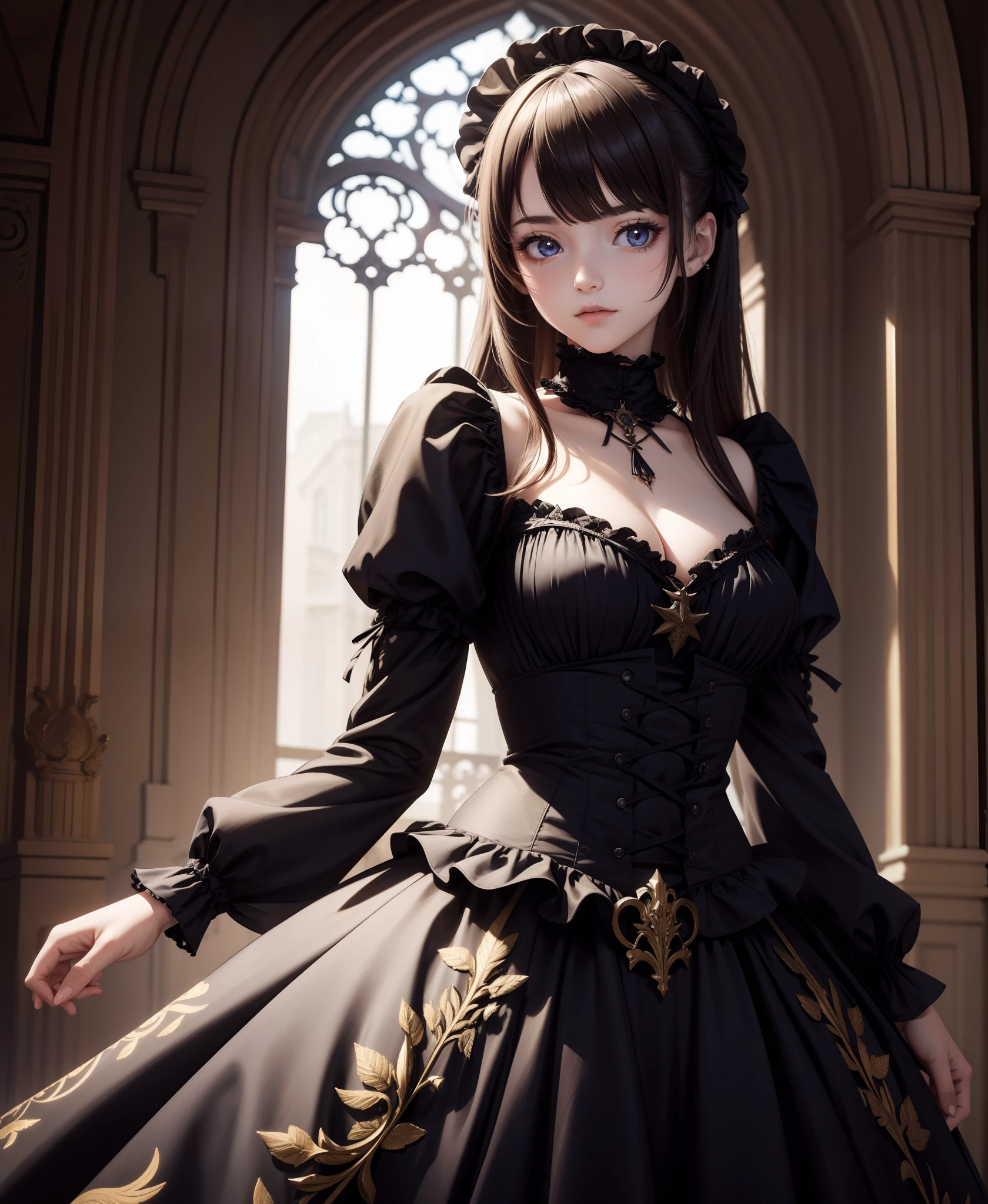 (masterpiece, best quality), (absurdres), (illustration:1.2), (ultra detailed, 8K, ultra highres:1.2), 1girl, young, cinematic, (dynamic pose:1.2), frilled dress, gothic room, light, BREAK portrait