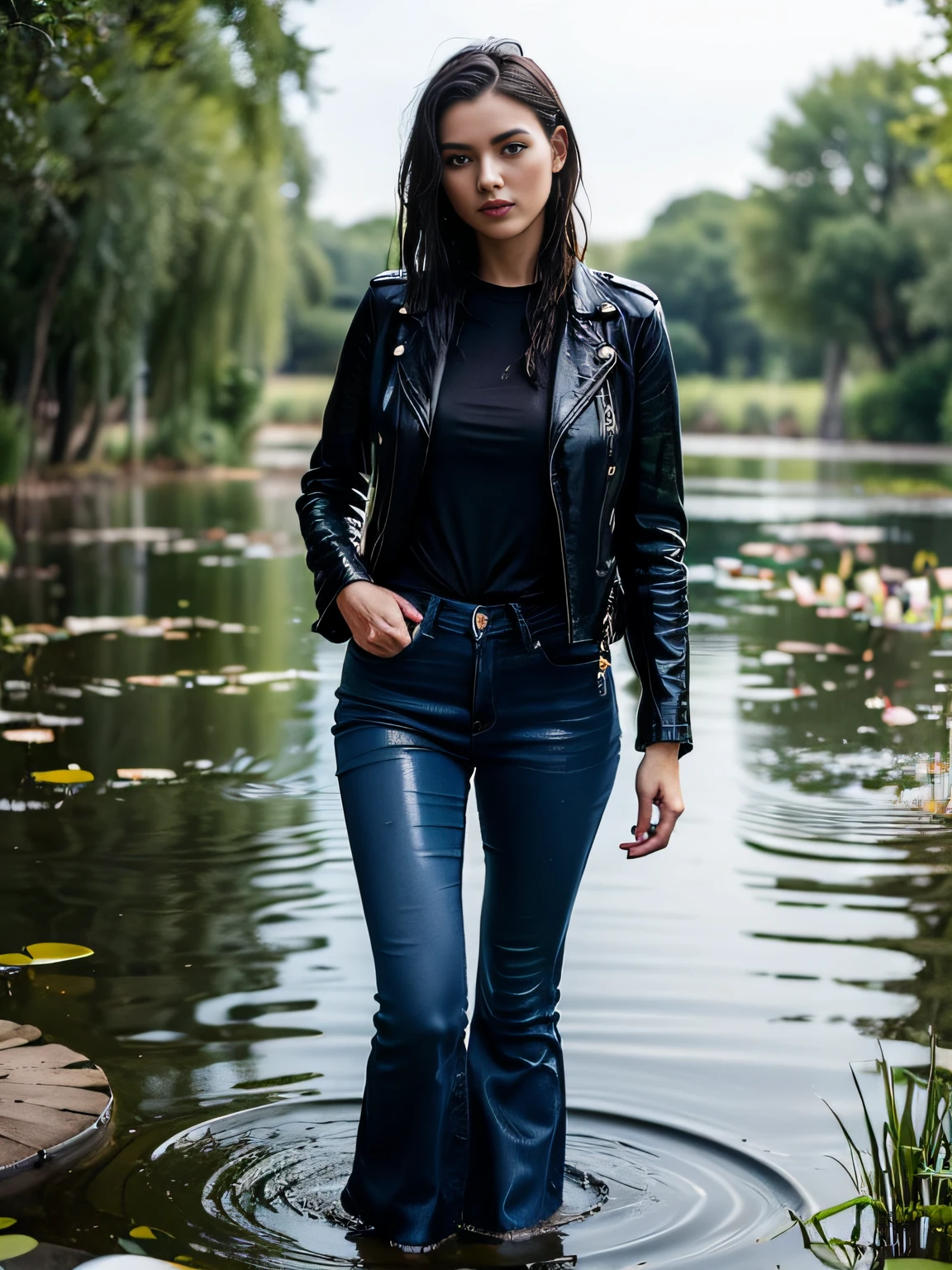 Woman in black top and jeans, standing in water, painting by Misha Klein, featured on cgsociety, fine art photography, Photoshoot in Style "Wetlook", photo of slim girl model, Black ultra-skinny flared jeans, (Wide flares on jeans:1.1), handsome girl, leather jacket, (Drowning in a pond:1.4),black shiny jeans, in a pond, natural lighting
