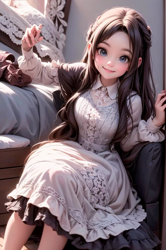 masterpiece, best quality, a cute girl smiling in a cute girl's room, on her bed, Gothic outfit, leaning on a cushion, sfw
