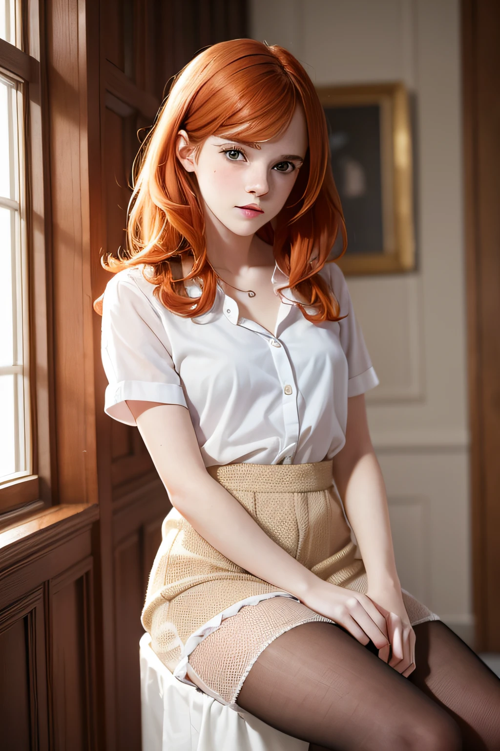 there is a young woman, Emma Watson, posing for a picture in a room, cute young redhead girl, young and cute girl, cute young girl, she has a cute face, she has long redorange hair, cute schoolgirl, redhead girl, she is about 18 years old, she is facing the camera, highly realistic. live cam, hot petite teen girl