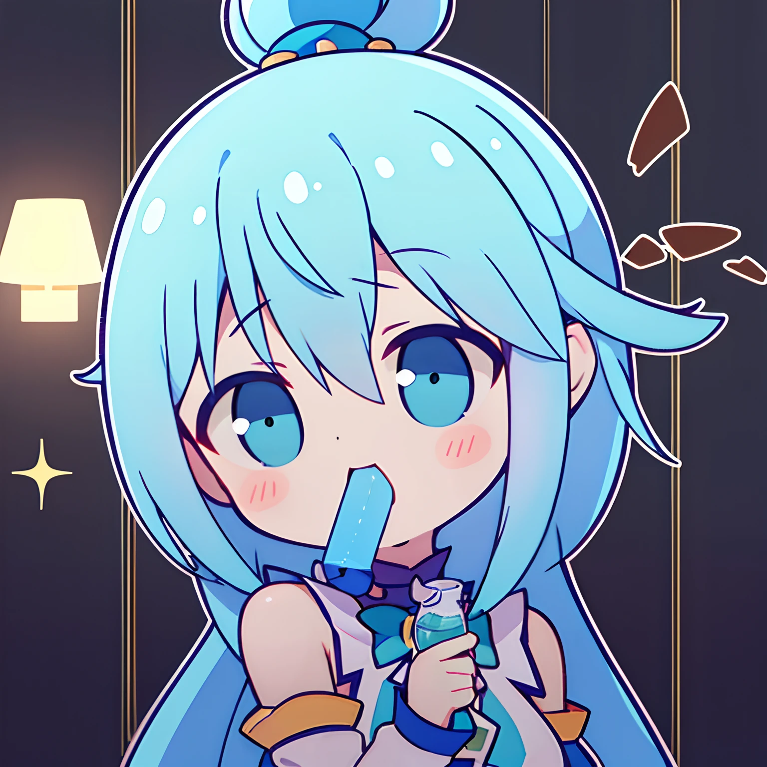 masuter piece, Best Quality, 超A high resolution, top-quality, Anime style, The best lighting, Beautiful face, Konosuba Aqua, lightblue hair, Cute Goddess, (1girll:1.3), black and blue clothing, White sleeves, Drinking alcohol, Drunk
