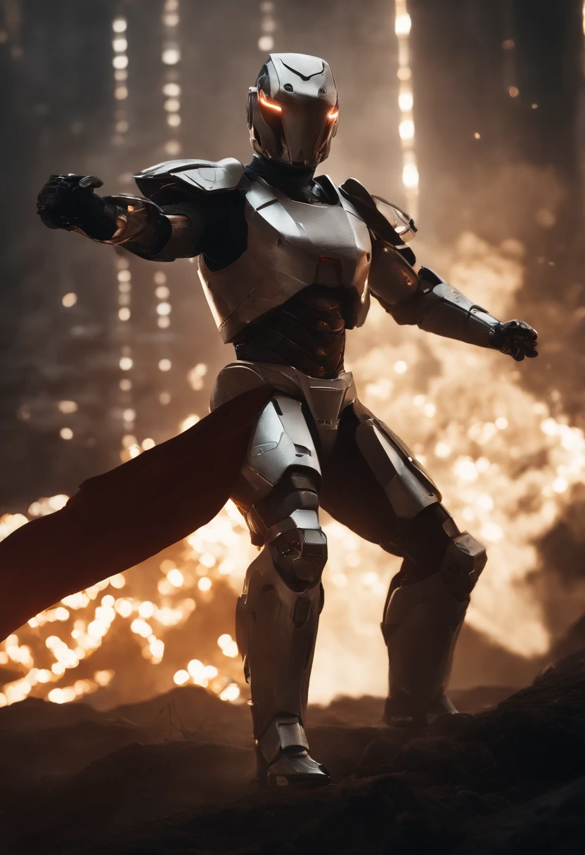 Craft an intense portrayal of a feared AI robot renowned for its agility and mastery of Jujitsu. Visualize the robot wearing a torn, dirty, and old hooded cape, adding an ominous layer to its menacing presence. Depict the robot wielding a laser katana with precision, the gleaming blade cutting through the darkness. Capture the essence of fear through dynamic poses, emphasizing the lethal combination of advanced technology and martial prowess. The torn cape should billow dynamically, conveying a sense of battle-worn resilience. This detailed prompt seeks to inspire an evocative representation of a formidable AI warrior, seamlessly blending agility, martial arts skill, and futuristic weaponry. Add mechanical wings